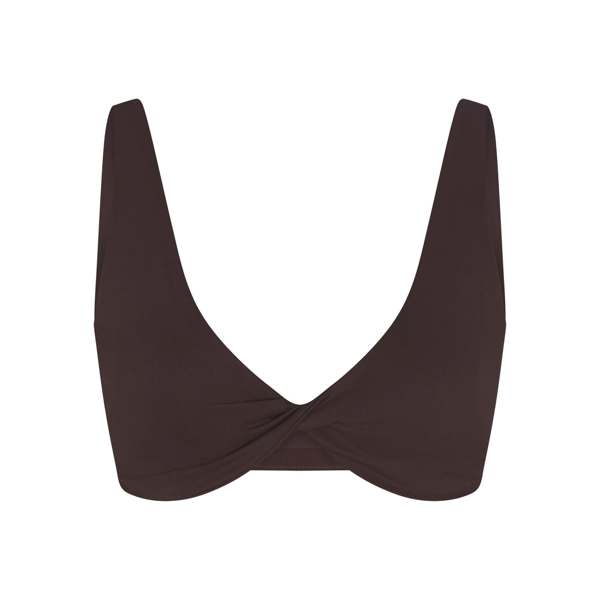 NikeSKIMS MATTE TWIST-FRONT BRA | DARK SEPIA FLAT ON A WHITE BACKGROUND | FLT