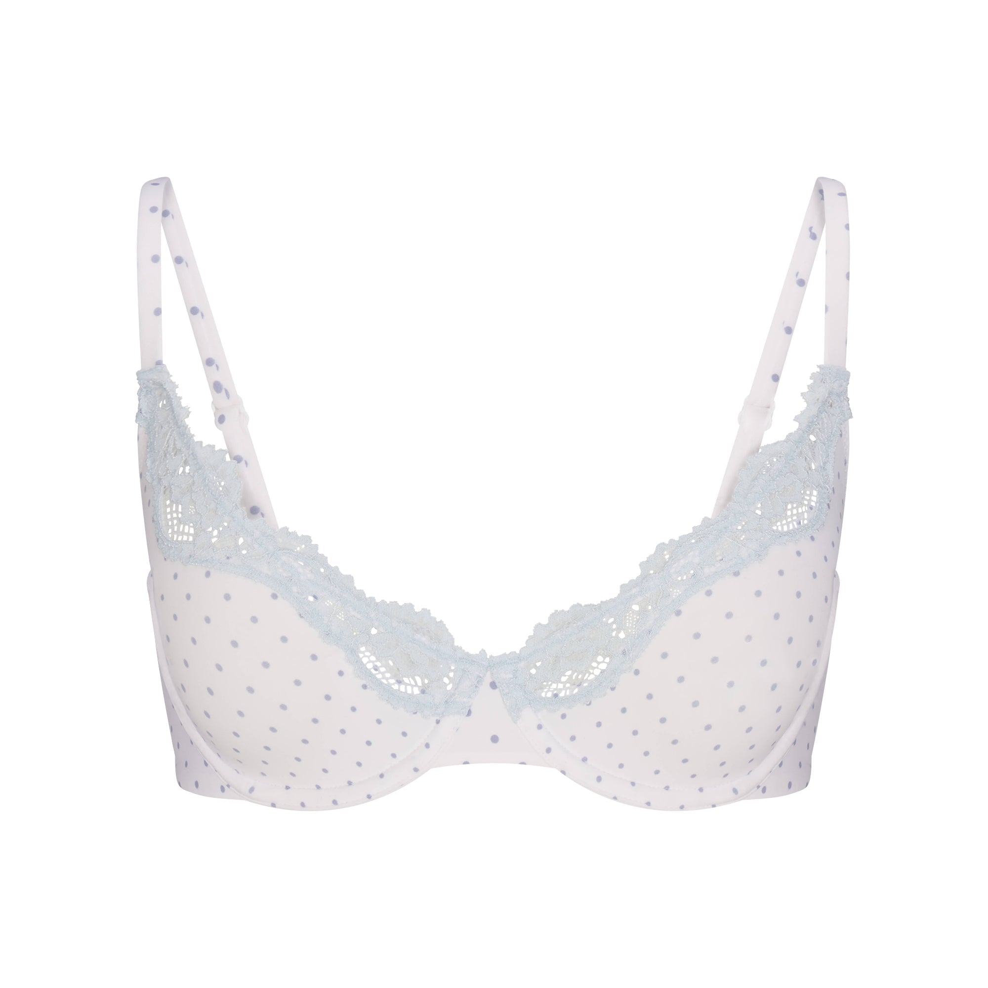 FITS EVERYBODY LACE UNLINED SCOOP BRA | SLATE PIN DOT PRINT FLAT ON A WHITE BACKGROUND | FLT