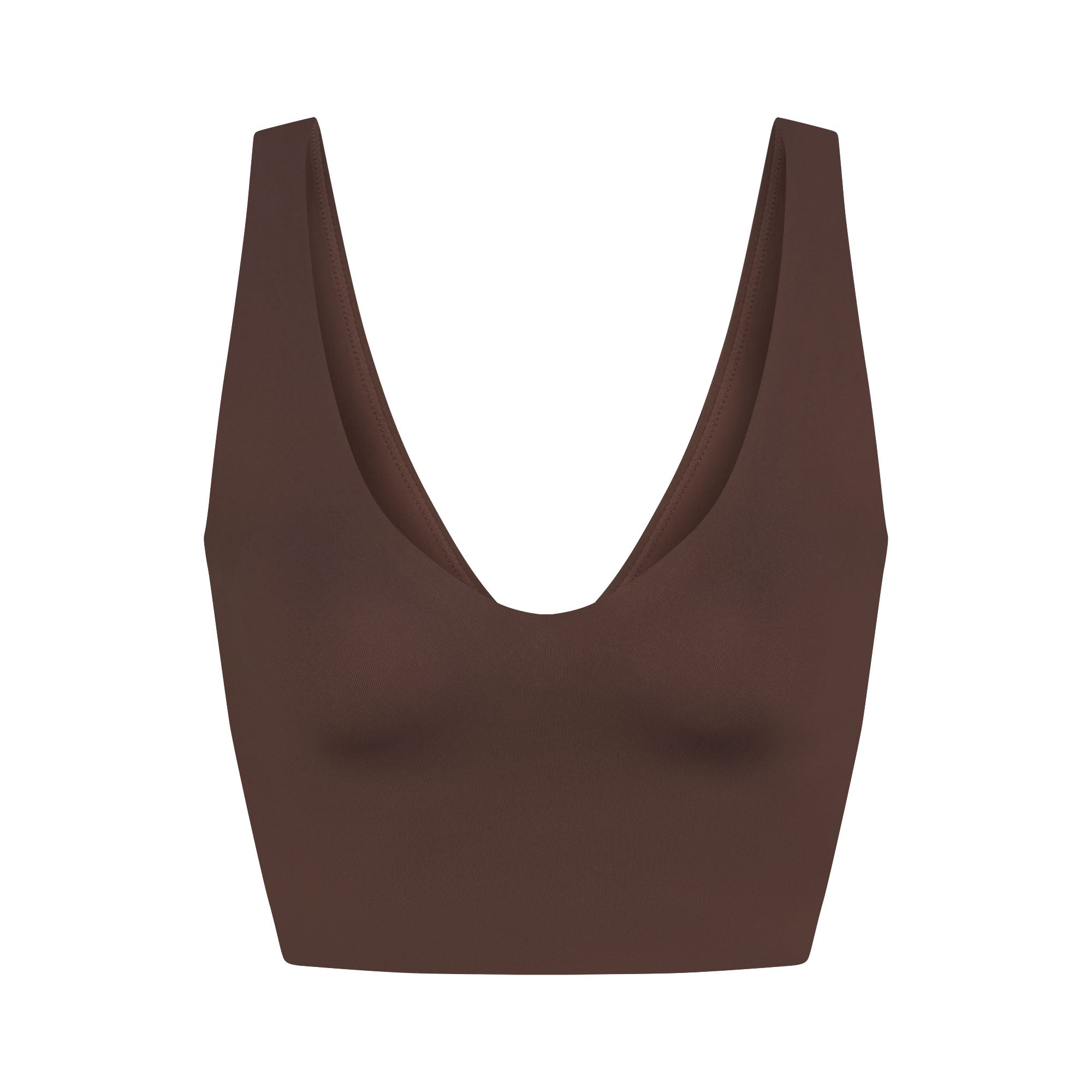 NikeSKIMS MATTE V-NECK BRA TOP | DARK SEPIA FLAT ON A WHITE BACKGROUND | FLT