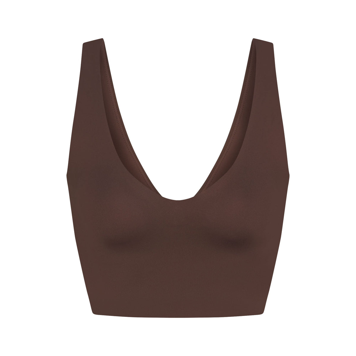 NikeSKIMS MATTE V-NECK BRA TOP | DARK SEPIA FLAT ON A WHITE BACKGROUND | FLT