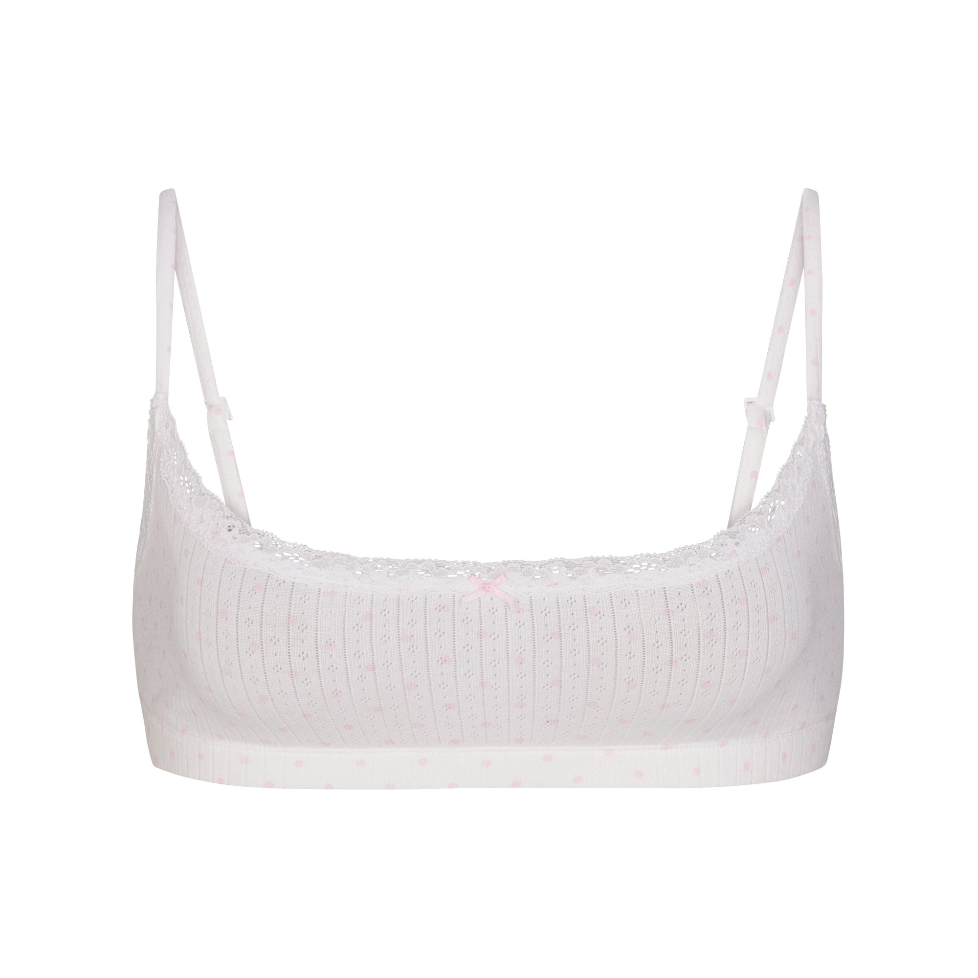 LIGHTWEIGHT COTTON POINTELLE SCOOP BRALETTE | SNOW PEONY PIN DOT FLAT ON A WHITE BACKGROUND | FLT
