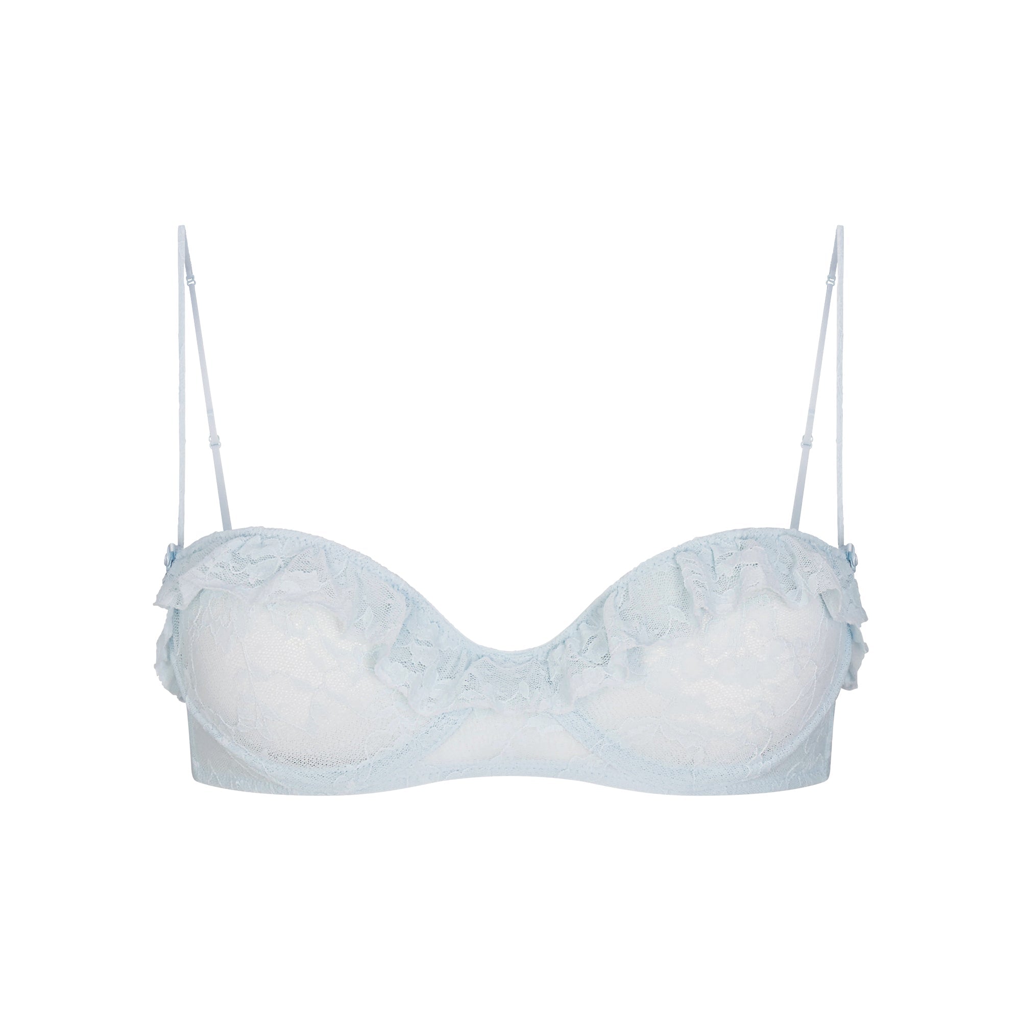 STRETCH LACE RUFFLE UNLINED BRA | POWDER BLUE FLAT ON A WHITE BACKGROUND @ | FOCUS: 0.0, 1.0, 0.9