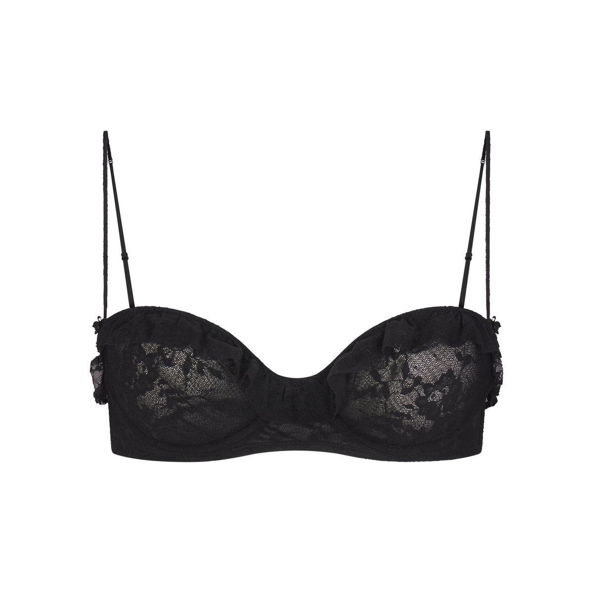 STRETCH LACE RUFFLE UNLINED BRA | SOOT FLAT ON A WHITE BACKGROUND | FLT @ | FOCUS: 0.0, 1.0, 0.9