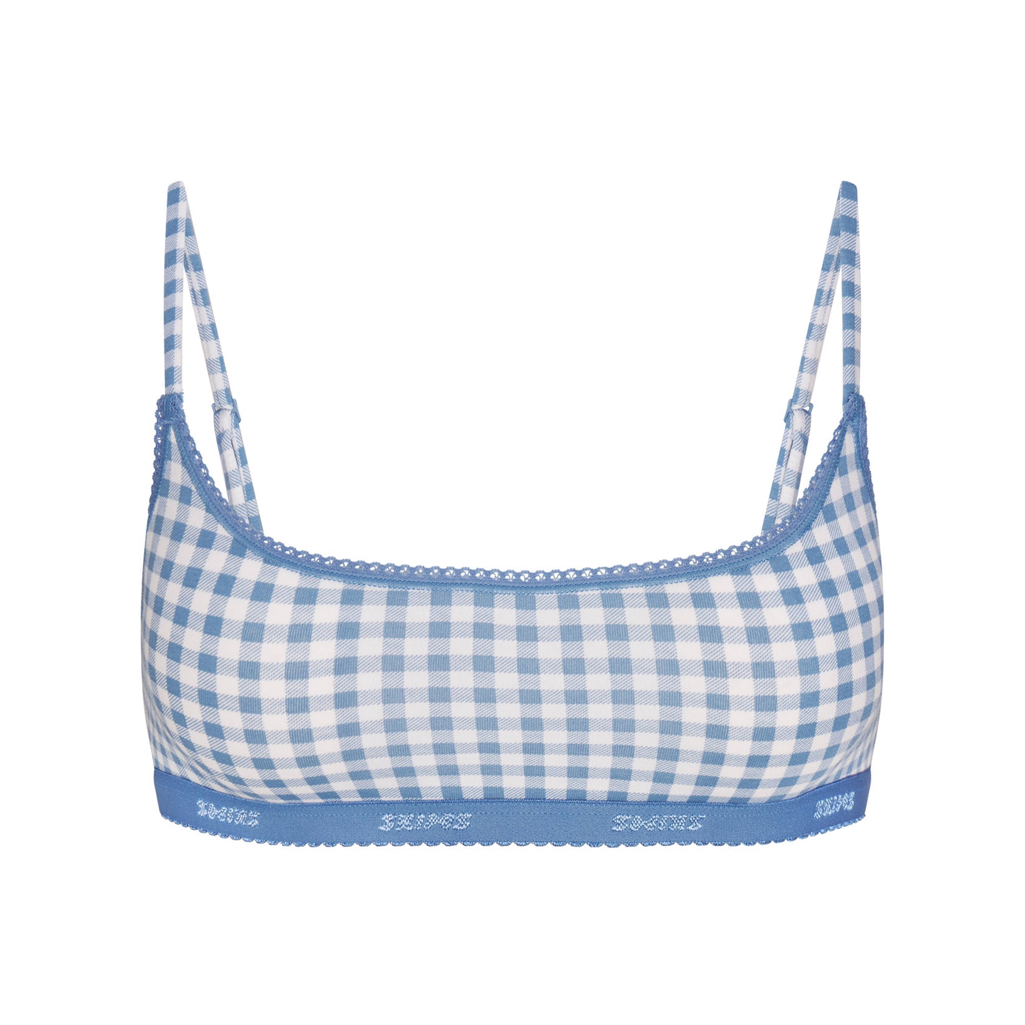 LIGHTWEIGHT COTTON LOGO PICOT SCOOP BRALETTE | ARCTIC GINGHAM FLAT ON A WHITE BACKGROUND | FLT