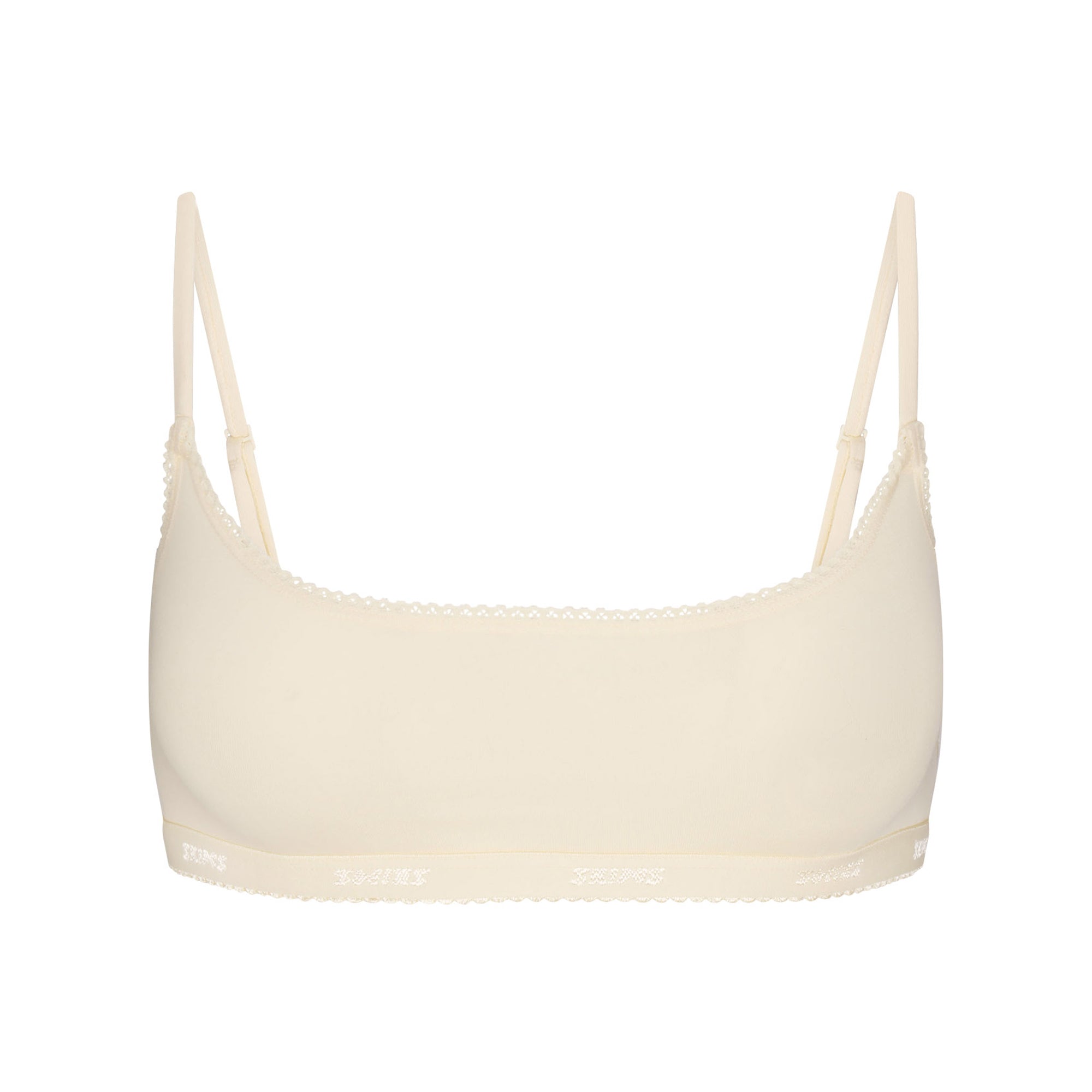 LIGHTWEIGHT COTTON LOGO PICOT SCOOP BRALETTE | BUTTER TONAL FLAT ON A WHITE BACKGROUND | FLT