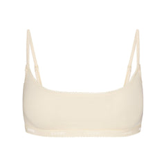 LIGHTWEIGHT COTTON LOGO PICOT SCOOP BRALETTE | BUTTER TONAL FLAT ON A WHITE BACKGROUND | FLT
