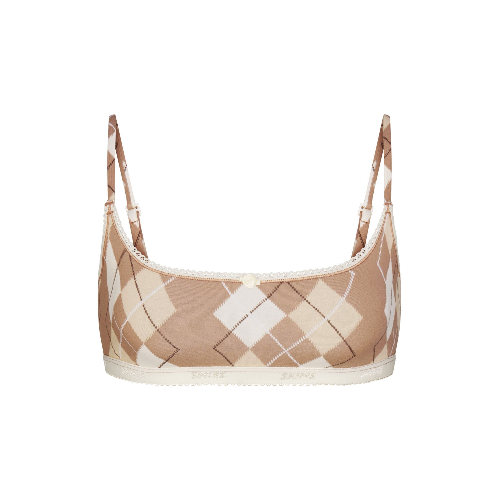 LIGHTWEIGHT COTTON LOGO PICOT SCOOP BRALETTE | CAFE ARGYLE PRINT & LAYS FLAT ON A WHITE BACKGROUND | FLT