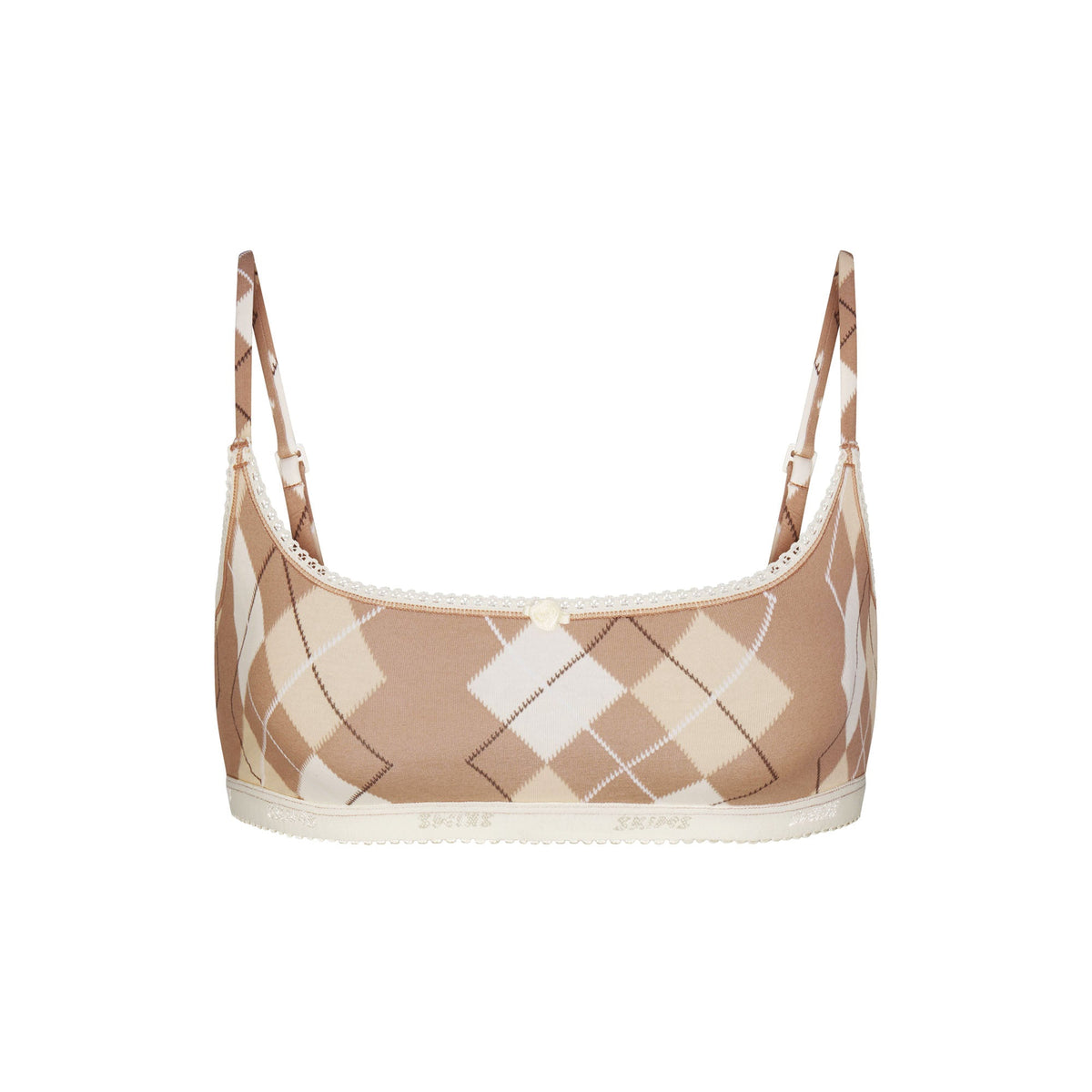 LIGHTWEIGHT COTTON LOGO PICOT SCOOP BRALETTE | CAFE ARGYLE PRINT & LAYS FLAT ON A WHITE BACKGROUND | FLT