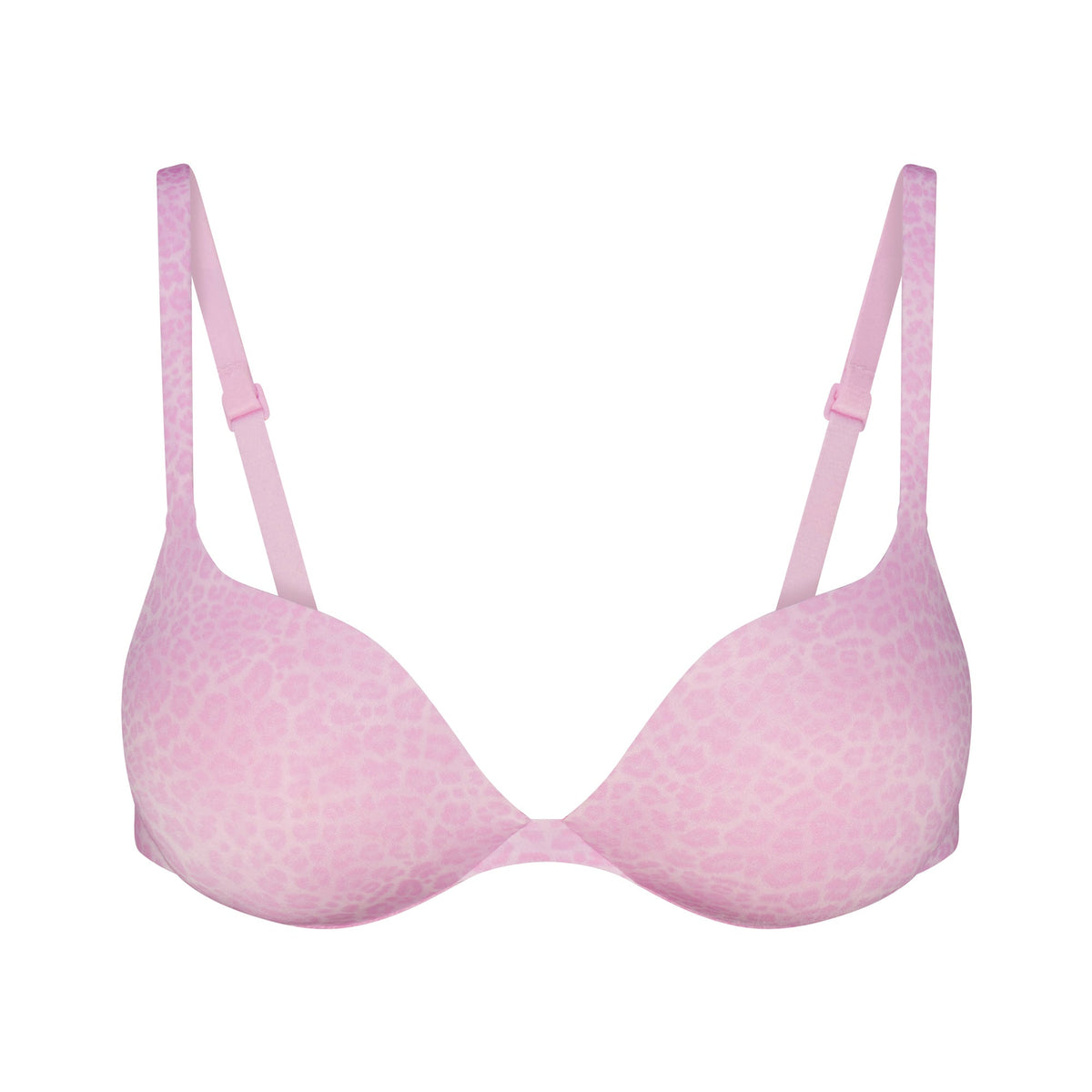 SKIMS ULTIMATE TEARDROP PUSH-UP BRA | BUBBLE GUM LEOPARD PRINT FLAT ON A WHITE BACKGROUND | FLT