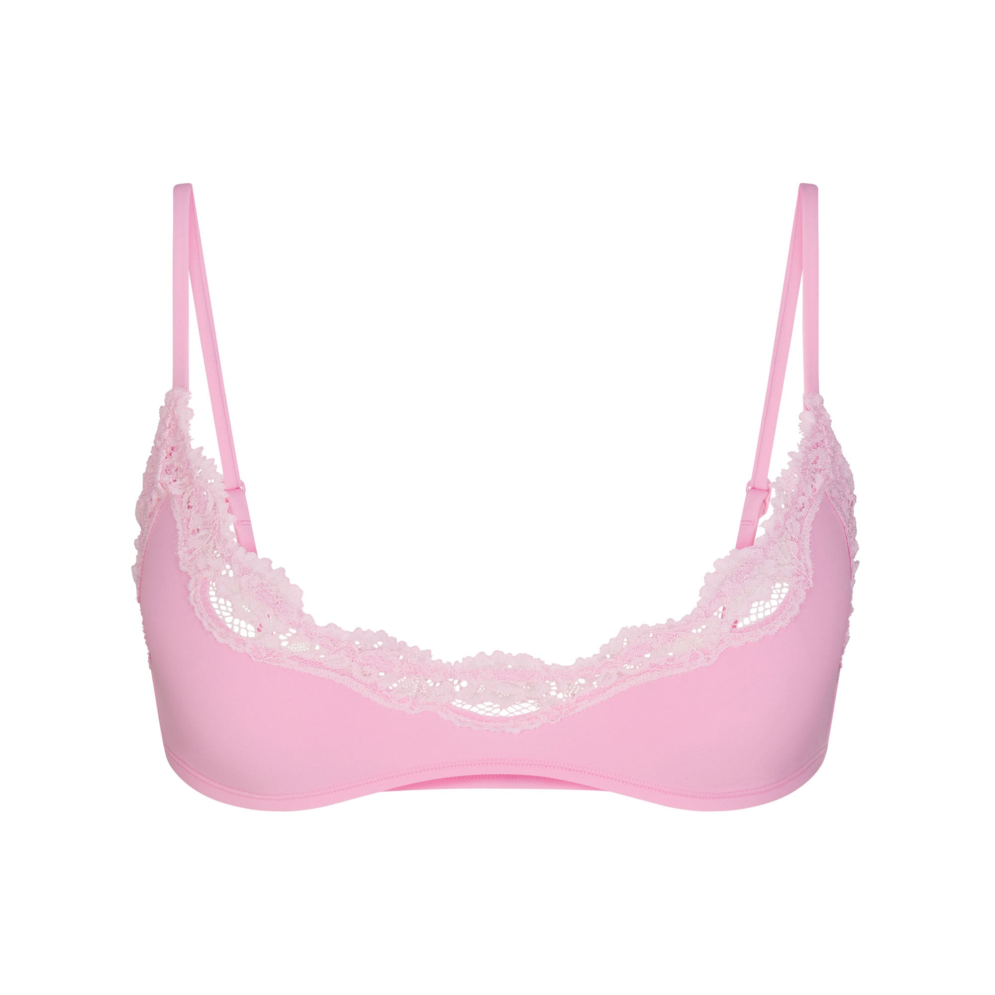 FITS EVERYBODY LACE SCOOP BRALETTE | BUBBLE GUM TONAL LAYS FLAT ON A WHITE BACKGROUND | FLT