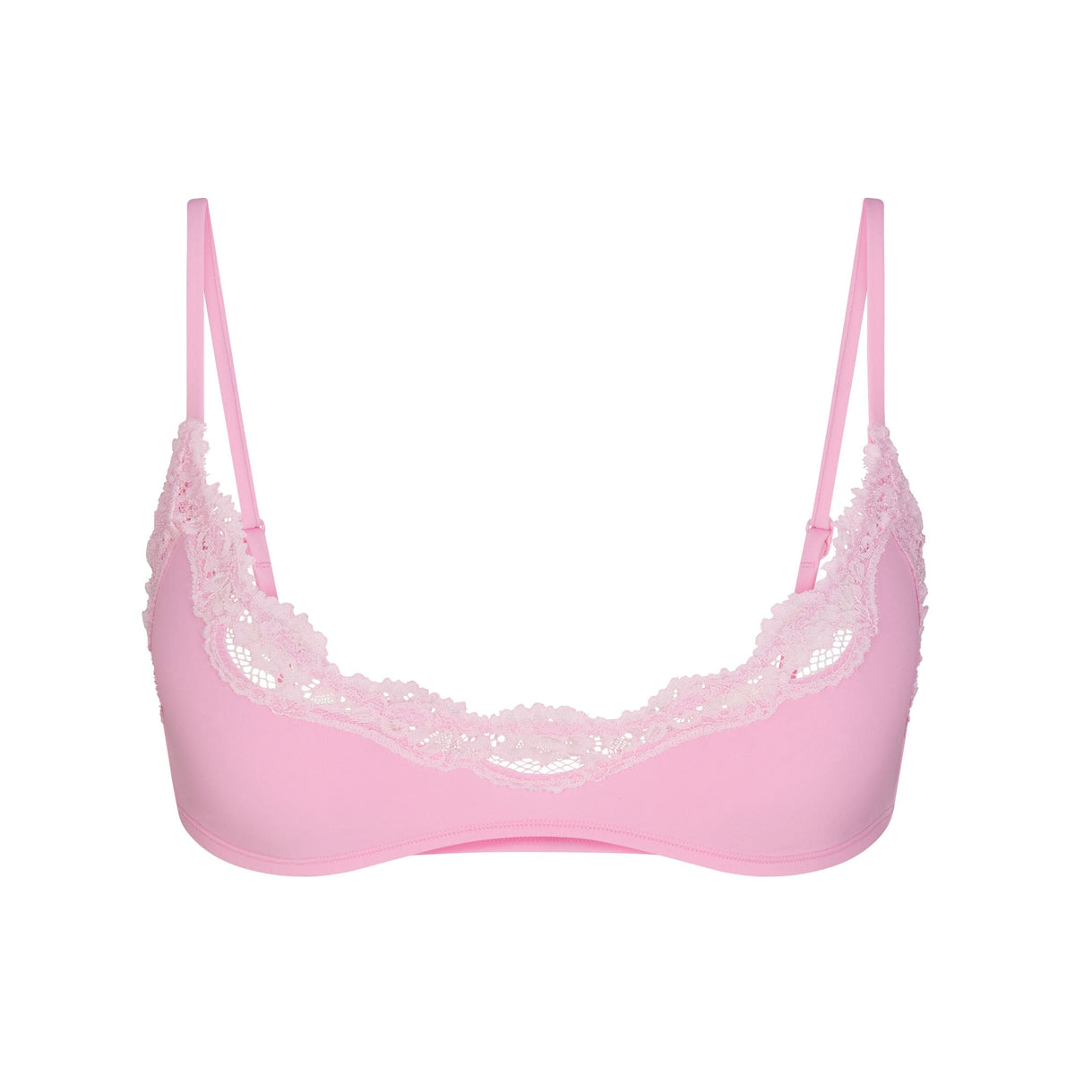 FITS EVERYBODY LACE SCOOP BRALETTE | BUBBLE GUM TONAL LAYS FLAT ON A WHITE BACKGROUND | FLT