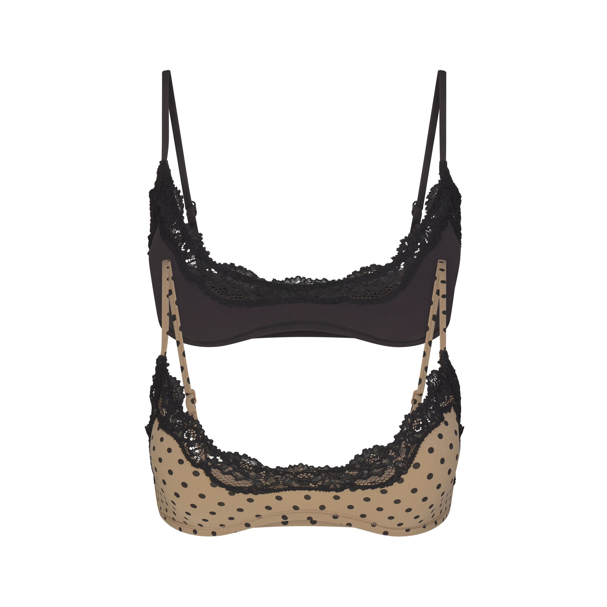 FITS EVERYBODY LACE SCOOP BRALETTE 2-PACK | MINI POLKA DOT AND ONYX & LAYS FLAT ON A WHITE BACKGROUND | FLT