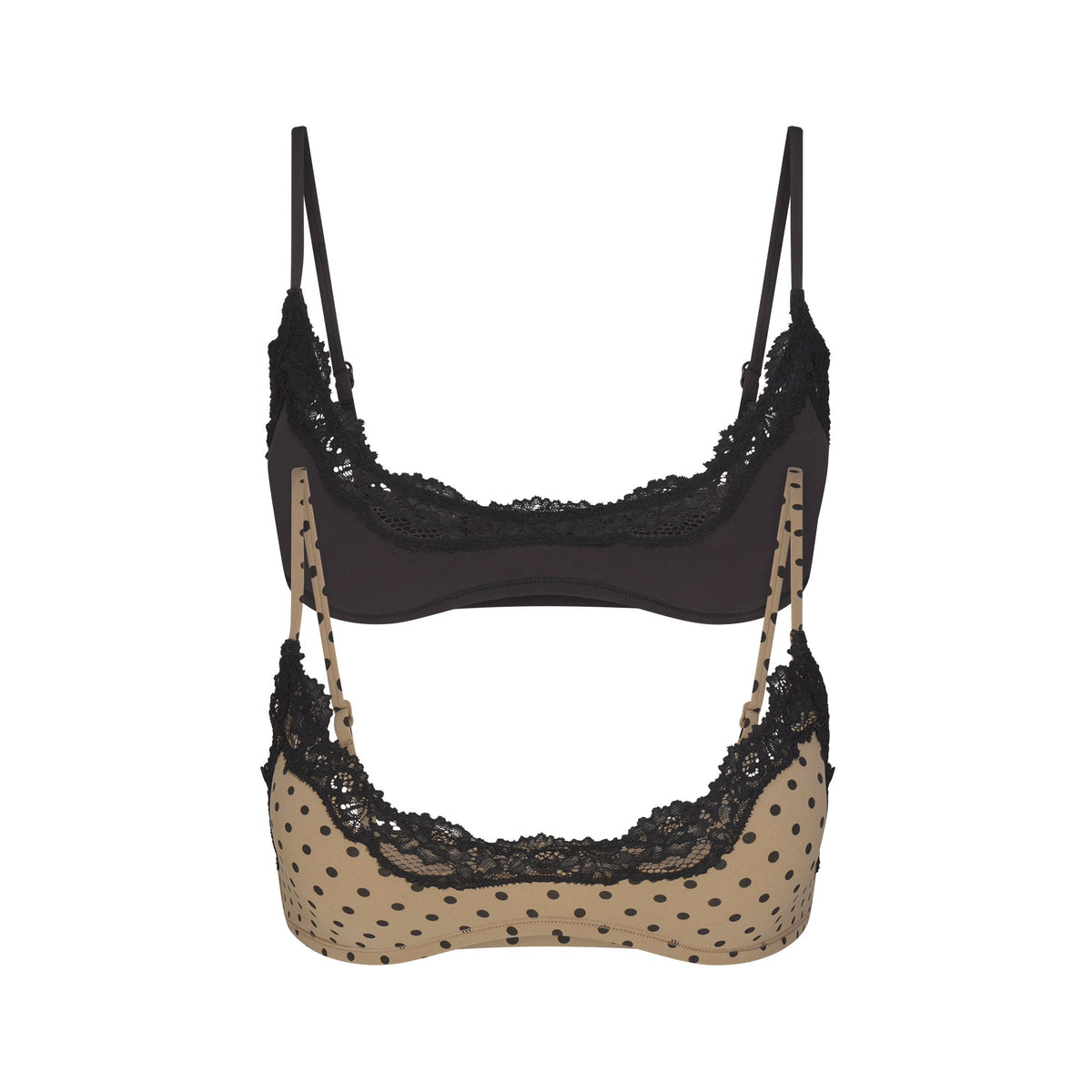 FITS EVERYBODY LACE SCOOP BRALETTE 2-PACK | MINI POLKA DOT AND ONYX & LAYS FLAT ON A WHITE BACKGROUND | FLT