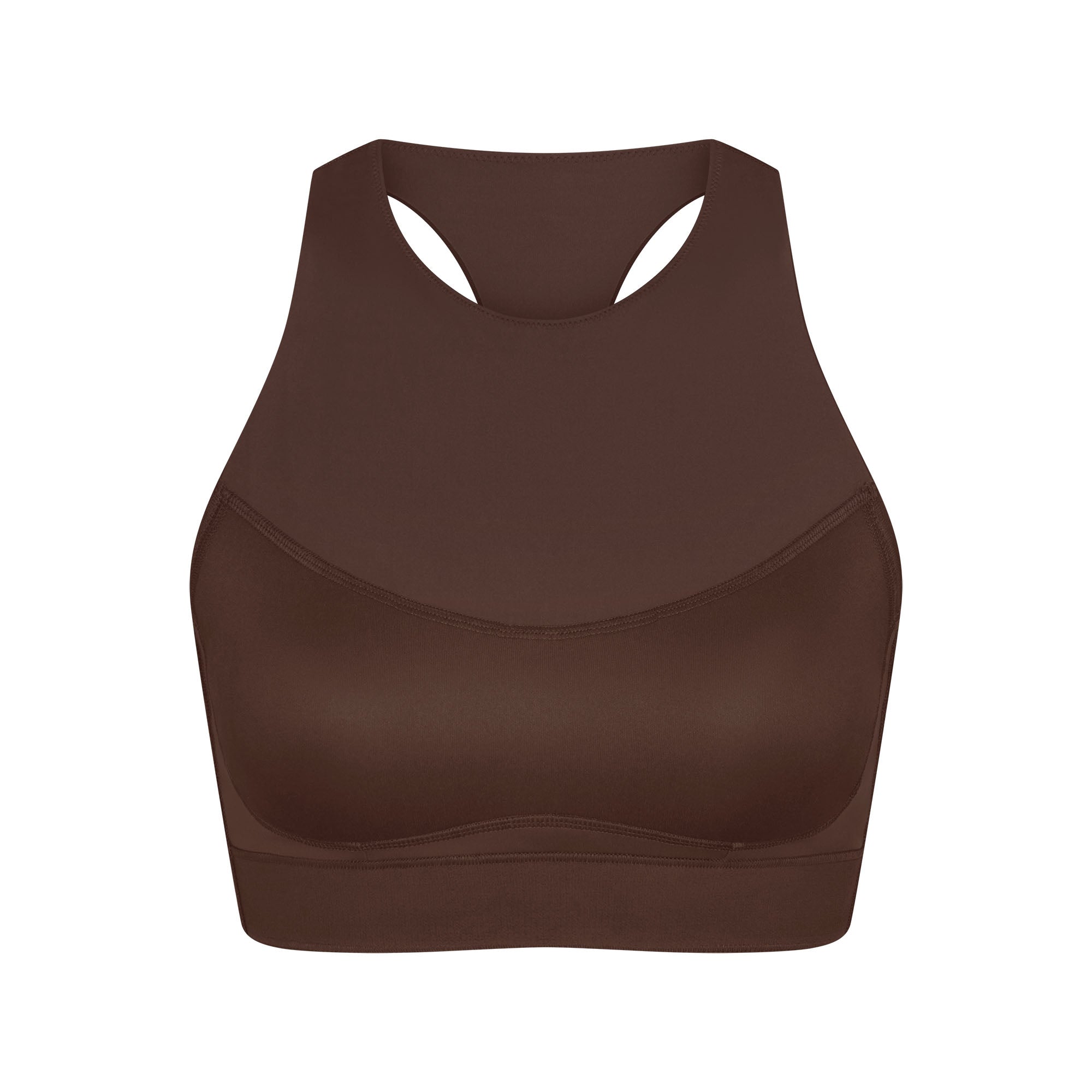 NikeSKIMS MATTE HIGH NECK BRA | DARK SEPIA FLAT ON A WHITE BACKGROUND | FLT