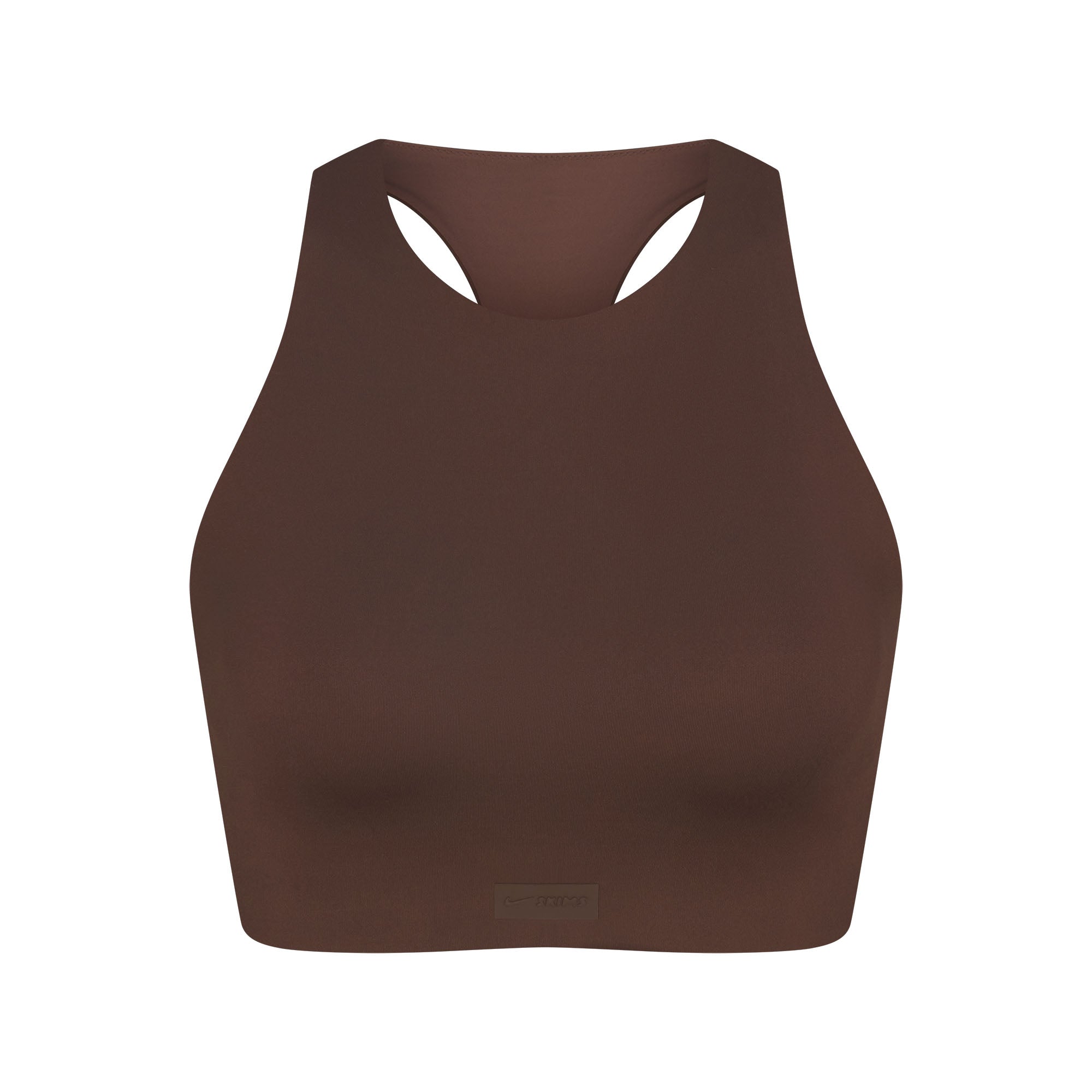 NikeSKIMS MATTE HIGH NECK BRA | DARK SEPIA FLAT ON A WHITE BACKGROUND | FLT
