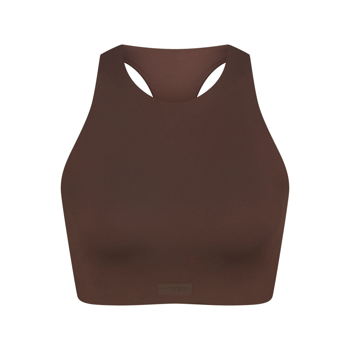 NikeSKIMS MATTE HIGH NECK BRA | DARK SEPIA FLAT ON A WHITE BACKGROUND | FLT
