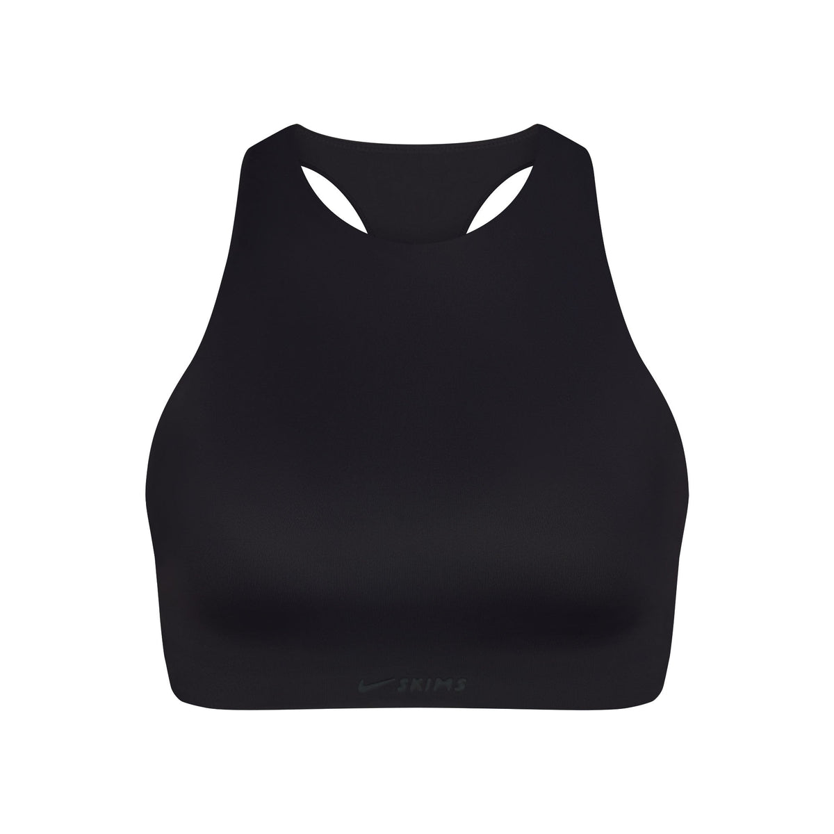NikeSKIMS SHINE HIGH NECK BRA | OBSIDIAN FLAT ON A WHITE BACKGROUND | FLT