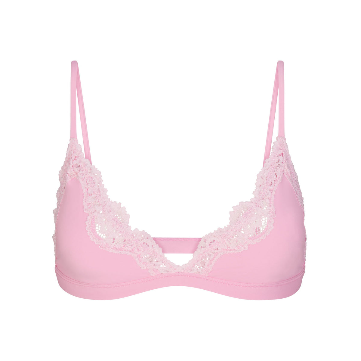 FITS EVERYBODY LACE TRIANGLE BRALETTE | BUBBLE GUM TONAL LAYS FLAT ON A WHITE BACKGROUND | FLT