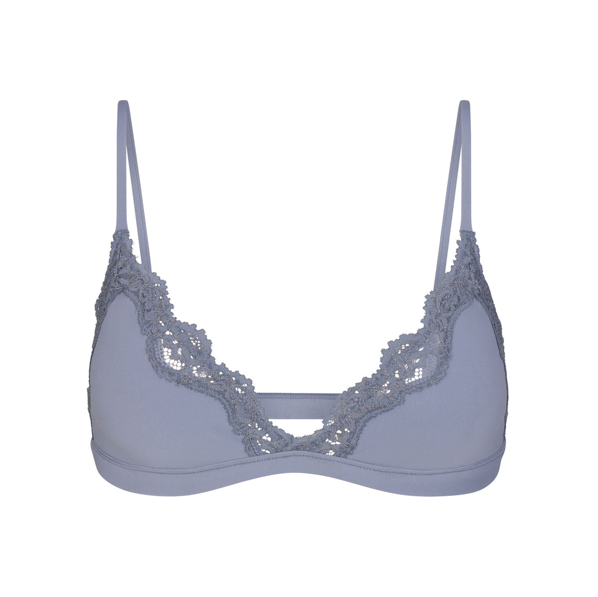 FITS EVERYBODY LACE TRIANGLE BRALETTE | SLATE TONAL & LAYS FLAT ON A WHITE BACKGROUND | FLT