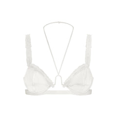 ULTRA FINE MESH RUFFLE BRA | IVORY LAYS FLAT ON A WHITE BACKGROUND | FLT 