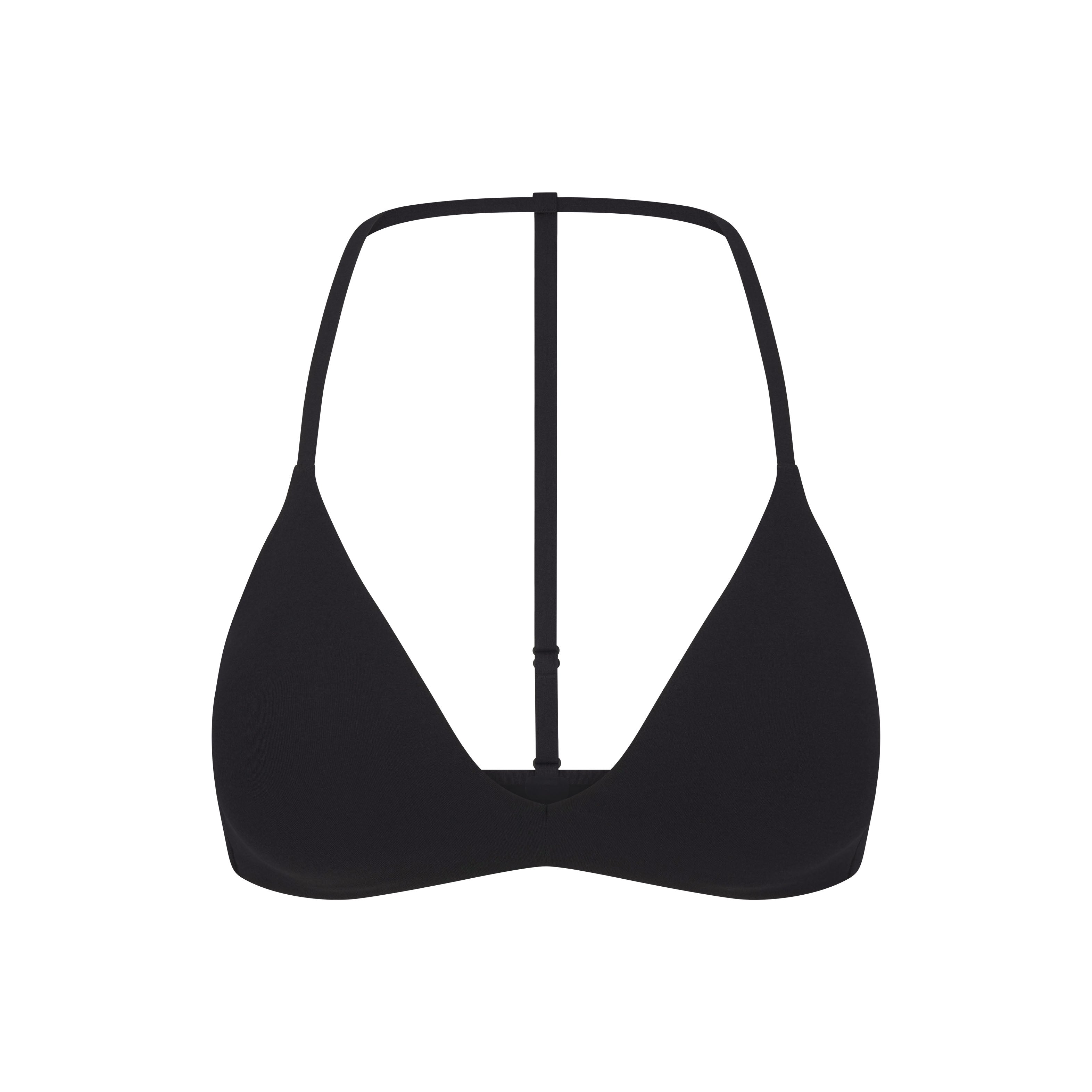 NikeSKIMS STUDIO STRETCH T-BACK TRIANGLE BRA | OBSIDIAN LAYS FLAT ON A WHITE BACKGROUND | FLT