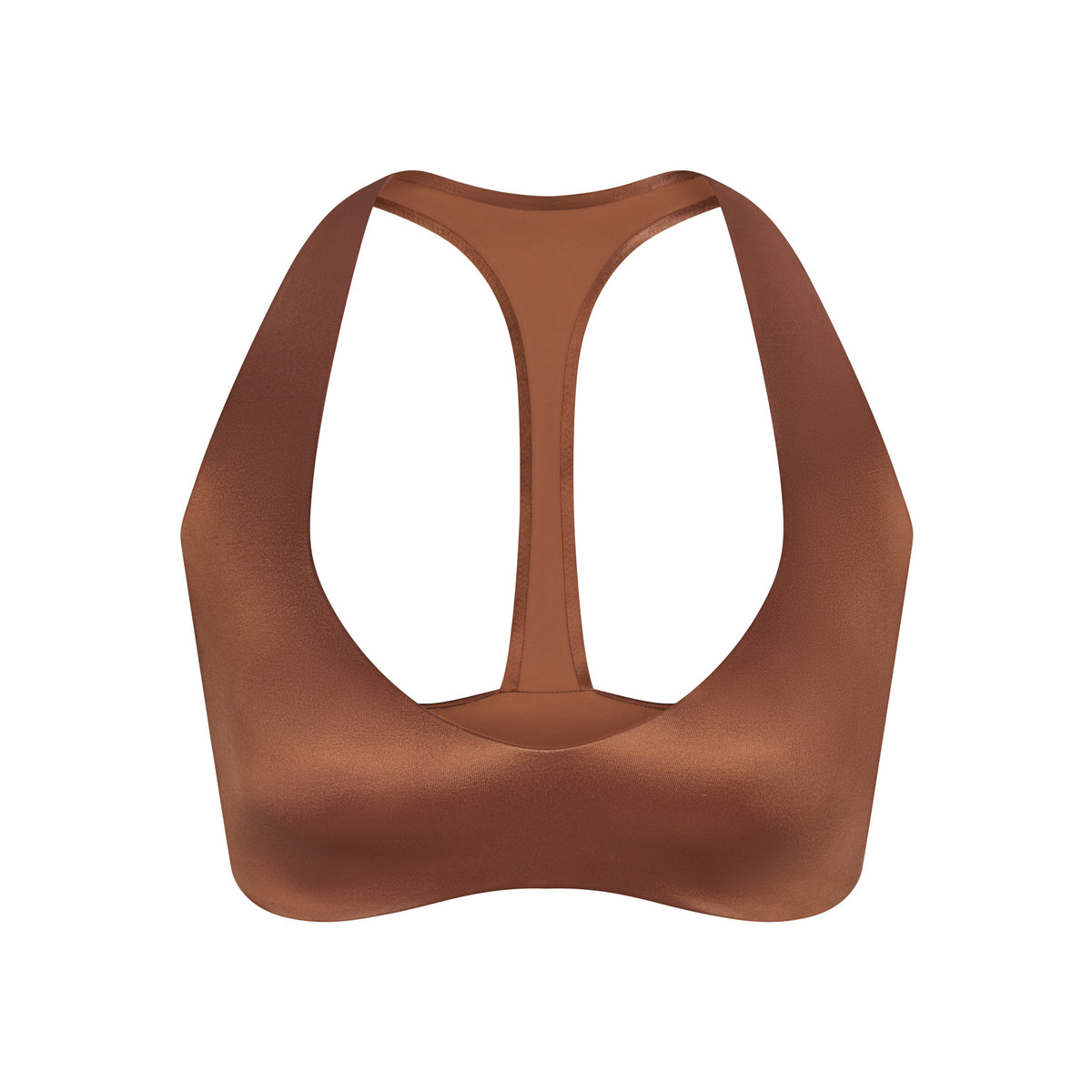 NikeSKIMS SATIN SHINE PLUNGE T-BACK BRA | CAROB BROWN & LAYS FLAT ON A WHITE BACKGROUND | FLT