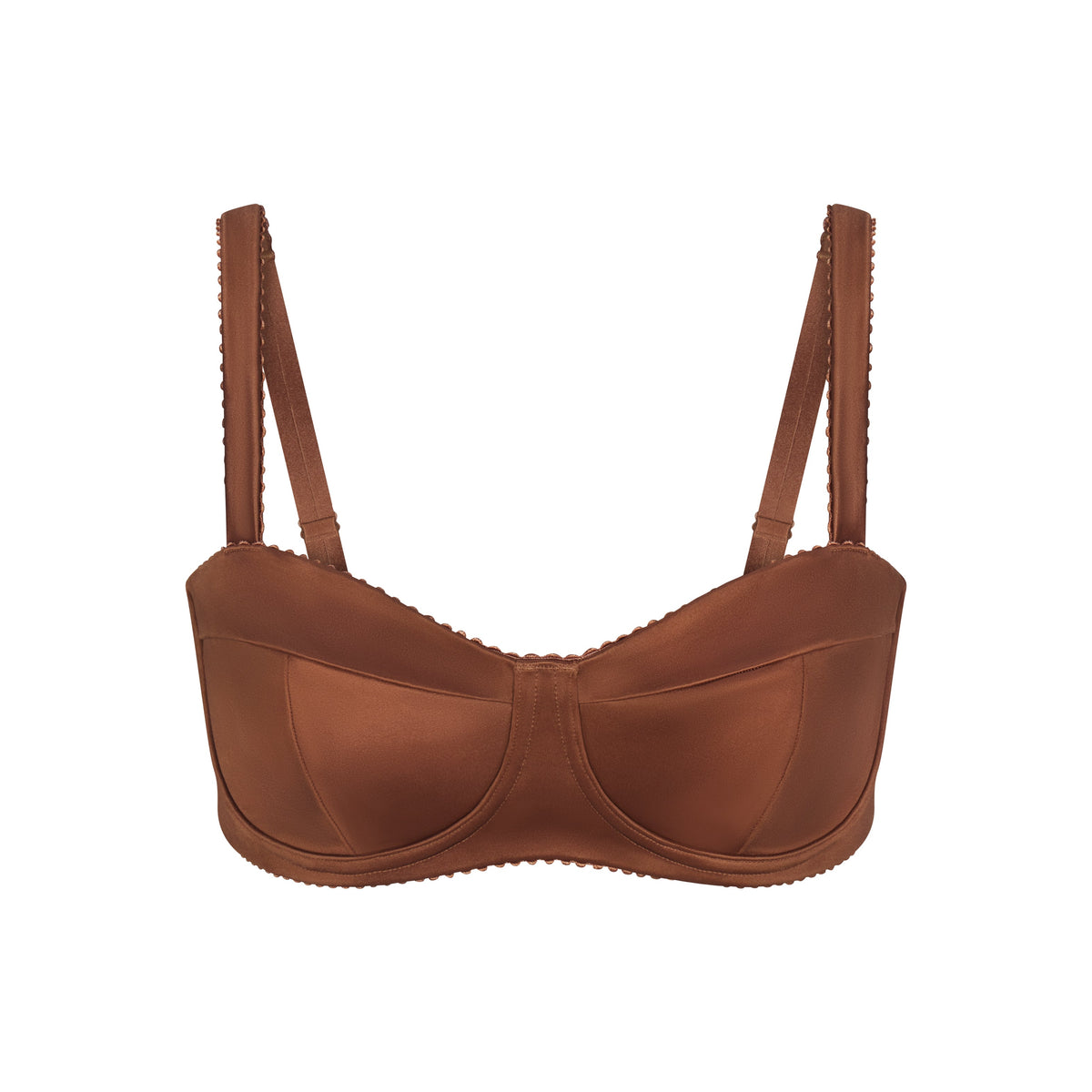 NikeSKIMS SATIN SHINE PANELED PICOT BRA | CAROB BROWN & LAYS FLAT ON A WHITE BACKGROUND | FLT