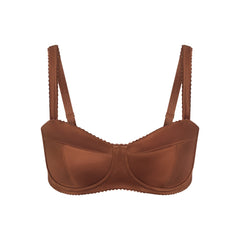 NikeSKIMS SATIN SHINE PANELED PICOT BRA | CAROB BROWN & LAYS FLAT ON A WHITE BACKGROUND | FLT