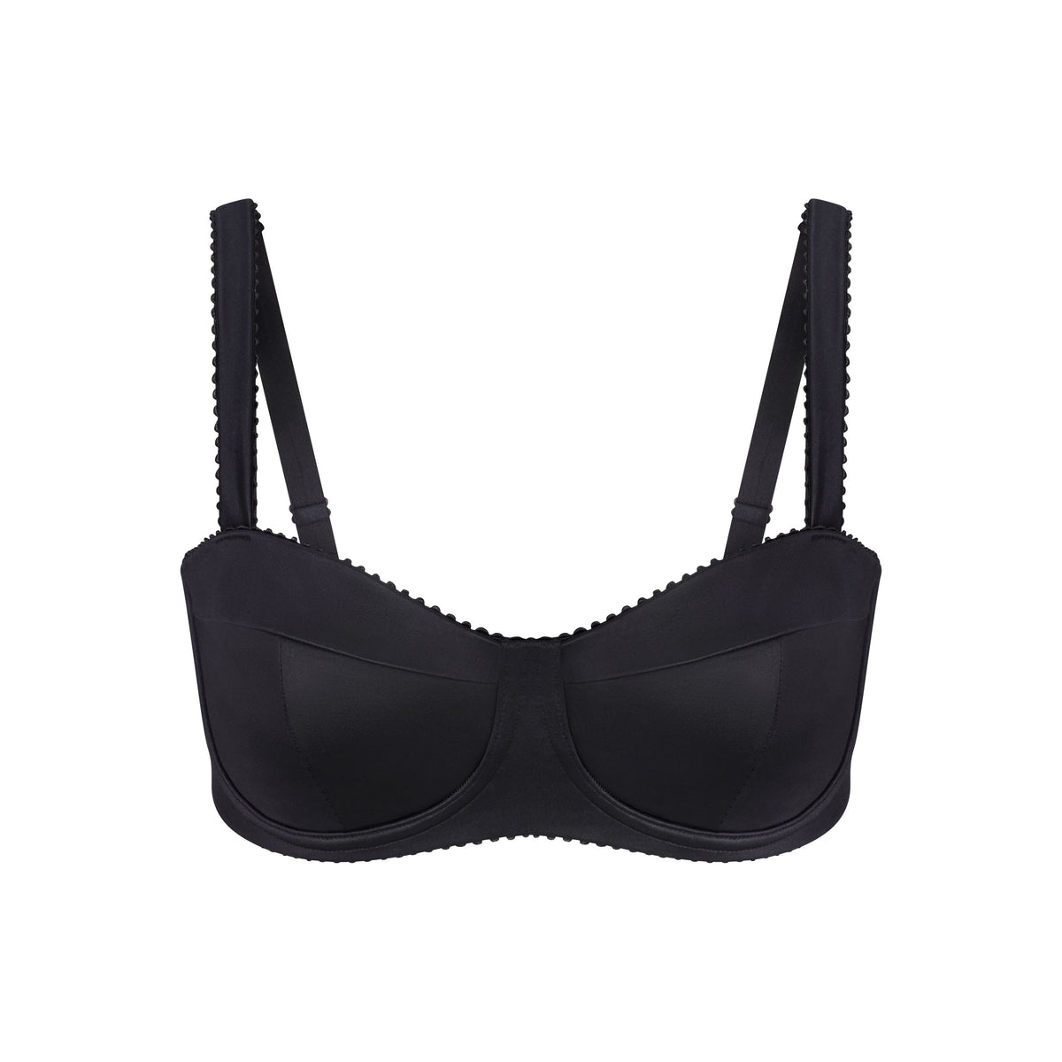 NikeSKIMS SATIN SHINE PANELED PICOT BRA | OBSIDIAN & LAYS FLAT ON A WHITE BACKGROUND | FLT