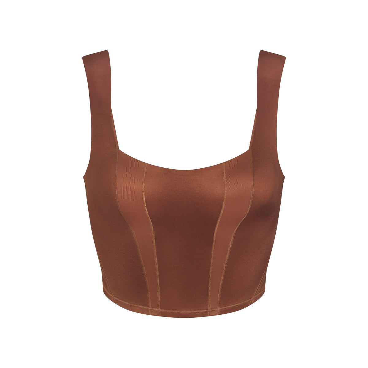 NikeSKIMS SATIN SHINE PANELED SCOOP TANK | CAROB BROWN & LAYS FLAT ON A WHITE BACKGROUND | FLT