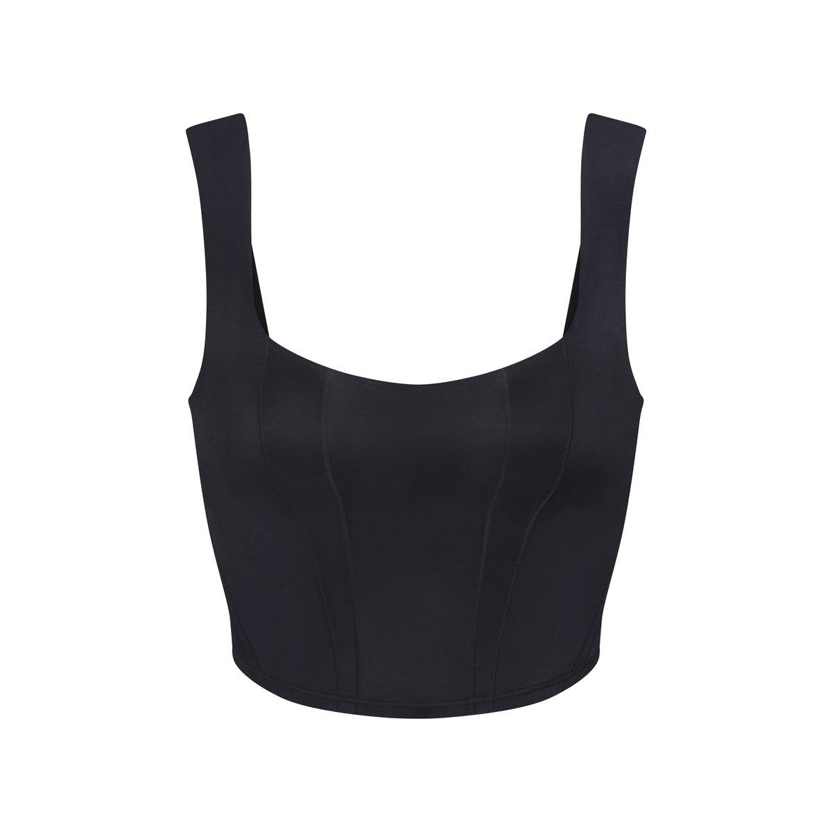 NikeSKIMS SATIN SHINE PANELED SCOOP TANK | OBSIDIAN & LAYS FLAT ON A WHITE BACKGROUND | FLT