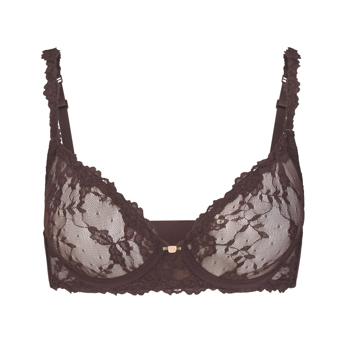STRETCH LACE UNLINED DEMI BRA | ESPRESSO FLAT ON A WHITE BACKGROUND | FLT