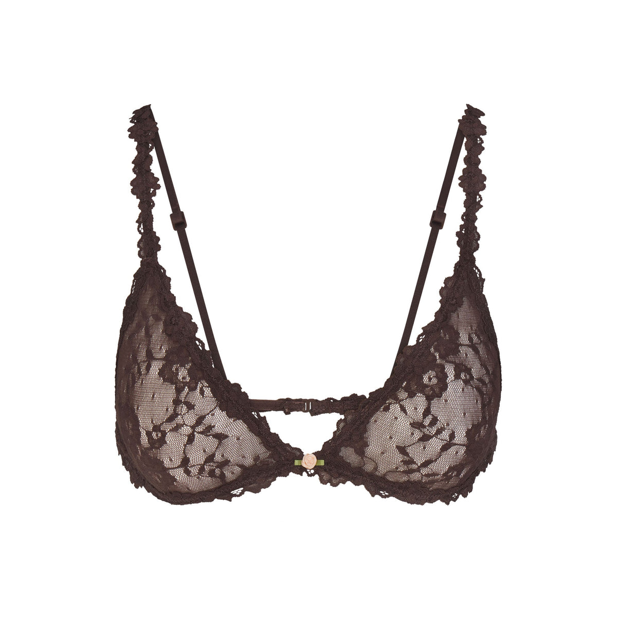 STRETCH LACE TRIANGLE BRALETTE | ESPRESSO FLAT ON A WHITE BACKGROUND | FLT