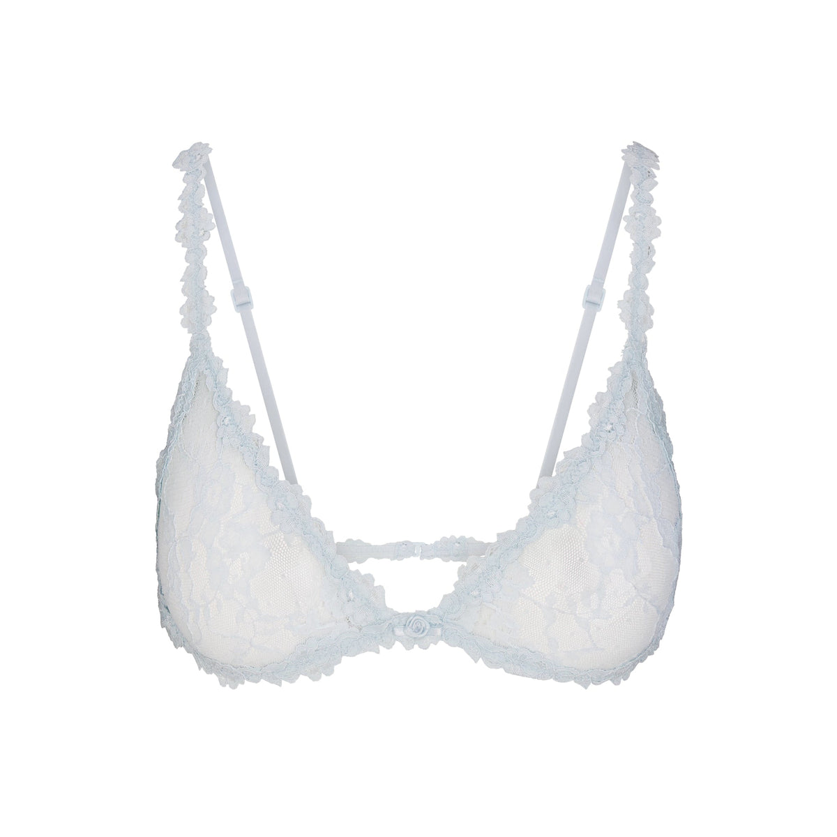 STRETCH LACE TRIANGLE BRALETTE | POWDER BLUE FLAT ON A WHITE BACKGROUND | FLT