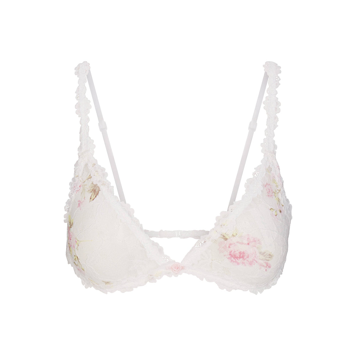 STRETCH LACE TRIANGLE BRALETTE | SNOW VINTAGE FLORAL PRINT FLAT ON A WHITE BACKGROUND | FLT @ | FOCUS: 0.0, 1.0, 0.9