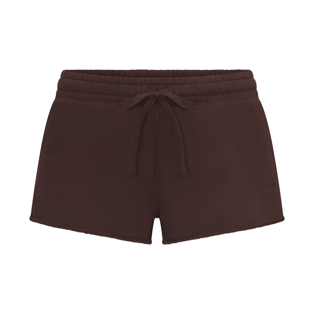 FRENCH TERRY RAW EDGE SHORT | ESPRESSO LAYS FLAT ON A WHITE BACKGROUND | FLT