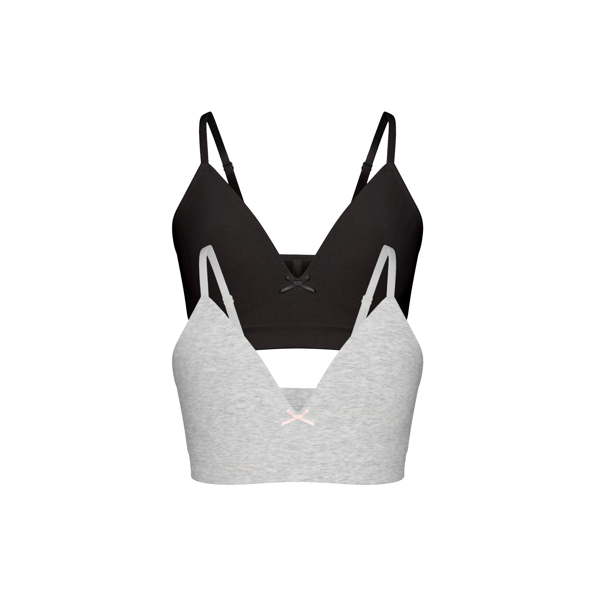 COTTON SEAMLESS GIRLS BRA 2-PACK | LIGHT HEATHER GREY AND SOOT FLAT ON A WHITE BACKGROUND @ | FLT
