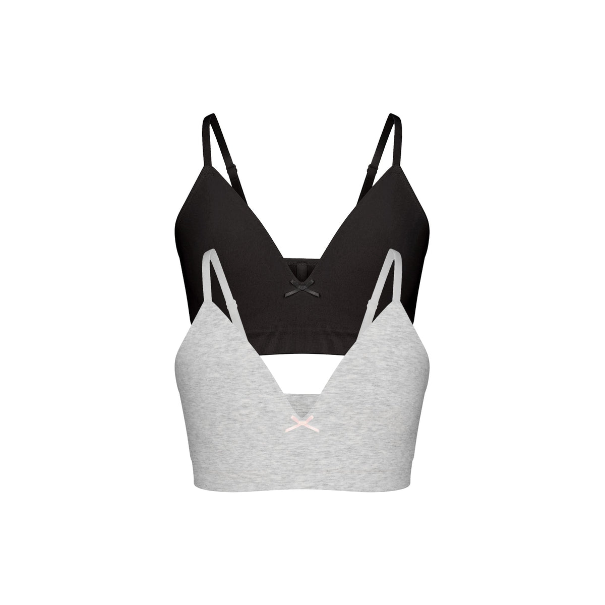COTTON SEAMLESS GIRLS BRA 2-PACK | LIGHT HEATHER GREY AND SOOT FLAT ON A WHITE BACKGROUND @ | FLT