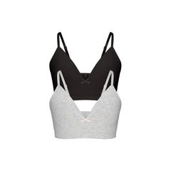 COTTON SEAMLESS GIRLS BRA 2-PACK | LIGHT HEATHER GREY AND SOOT FLAT ON A WHITE BACKGROUND @ | FLT