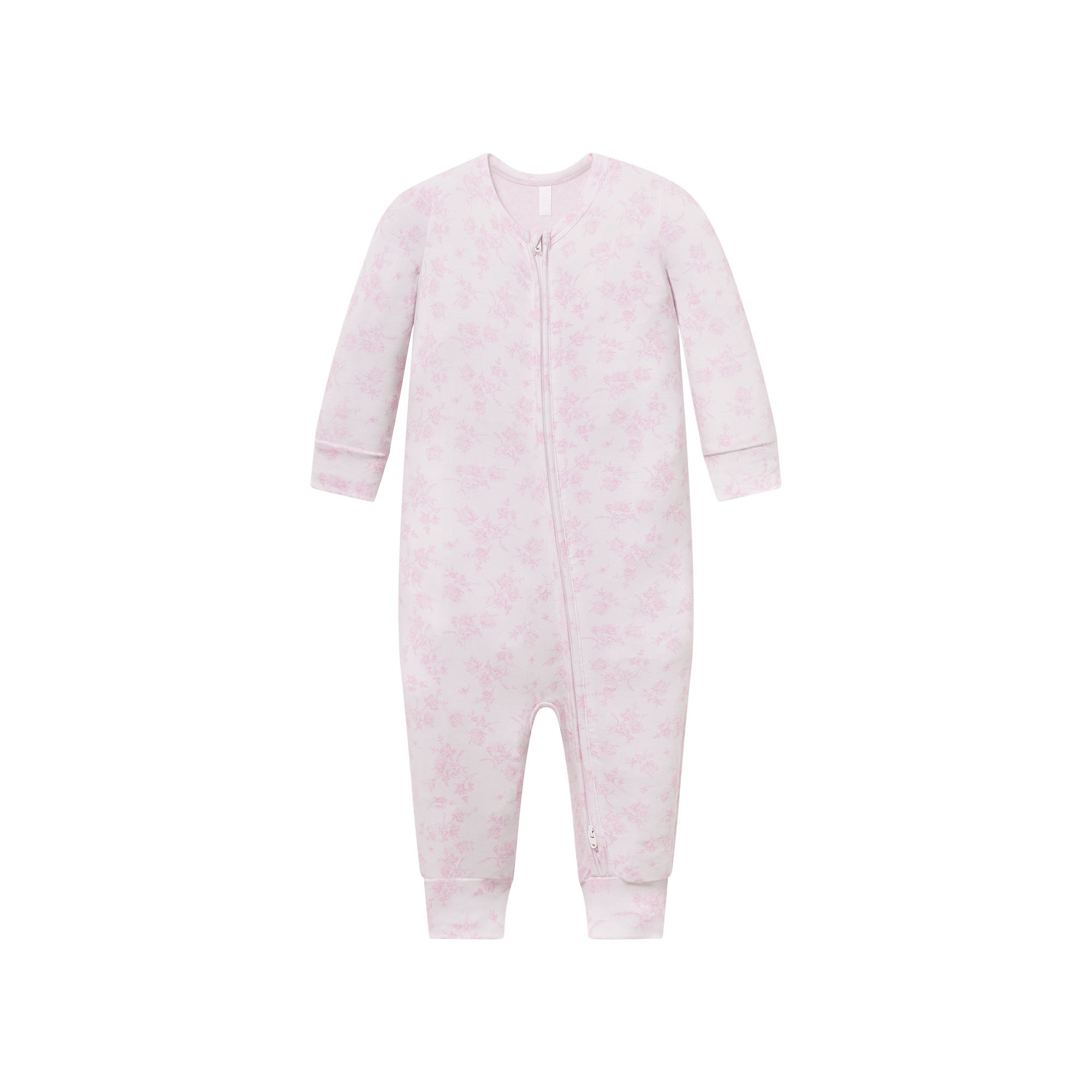 SKIMS SLEEP BABY ONESIE | SNOW DELICATE FLORAL PRINT FLAT ON A WHITE BACKGROUND @ | FOCUS: 0.0, 1.0, 0.9