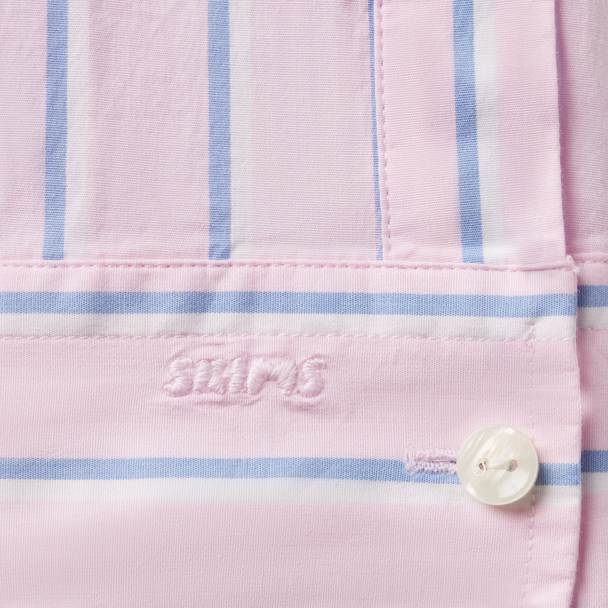 COTTON POPLIN SHRUNKEN BUTTON UP SHIRT | PINK TULLE WIDE STRIPE ON A MODEL | FOCUS: 0.0, 1.0, 0.9