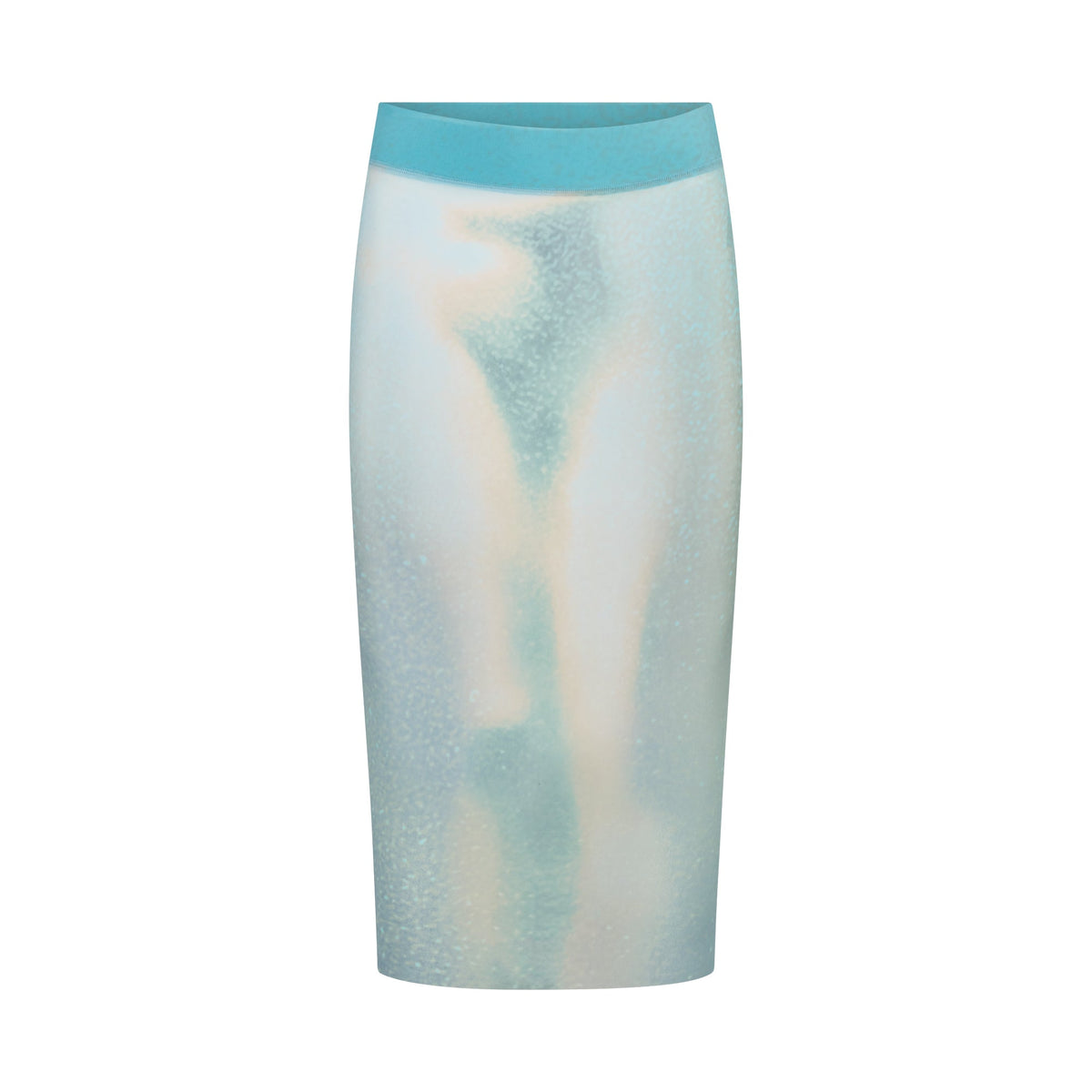 MESH COVER-UPS MIDI SKIRT | CYAN FK BODY PRINT LAYS FLAT ON A WHITE BACKGROUND | FLT 