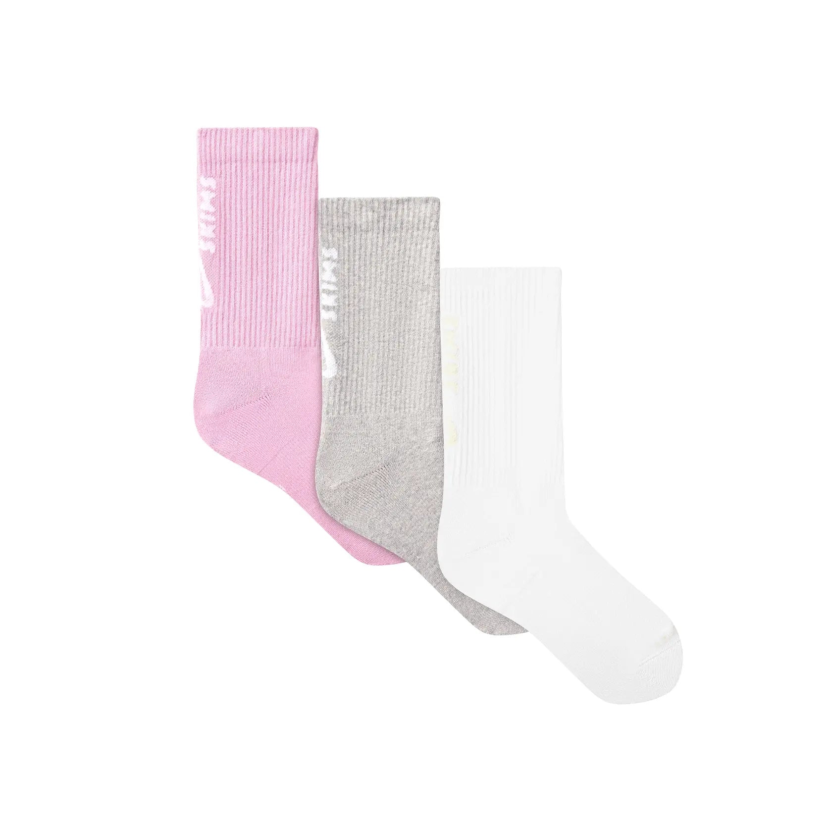 NikeSKIMS ACCESSORIES DRI-FIT CREW SOCK 3-PACK | BUBBLE GUM MULTI LAYS FLAT ON A WHITE BACKGROUND | FLT @ | FOCUS: 0.0, 1.0, 0.9