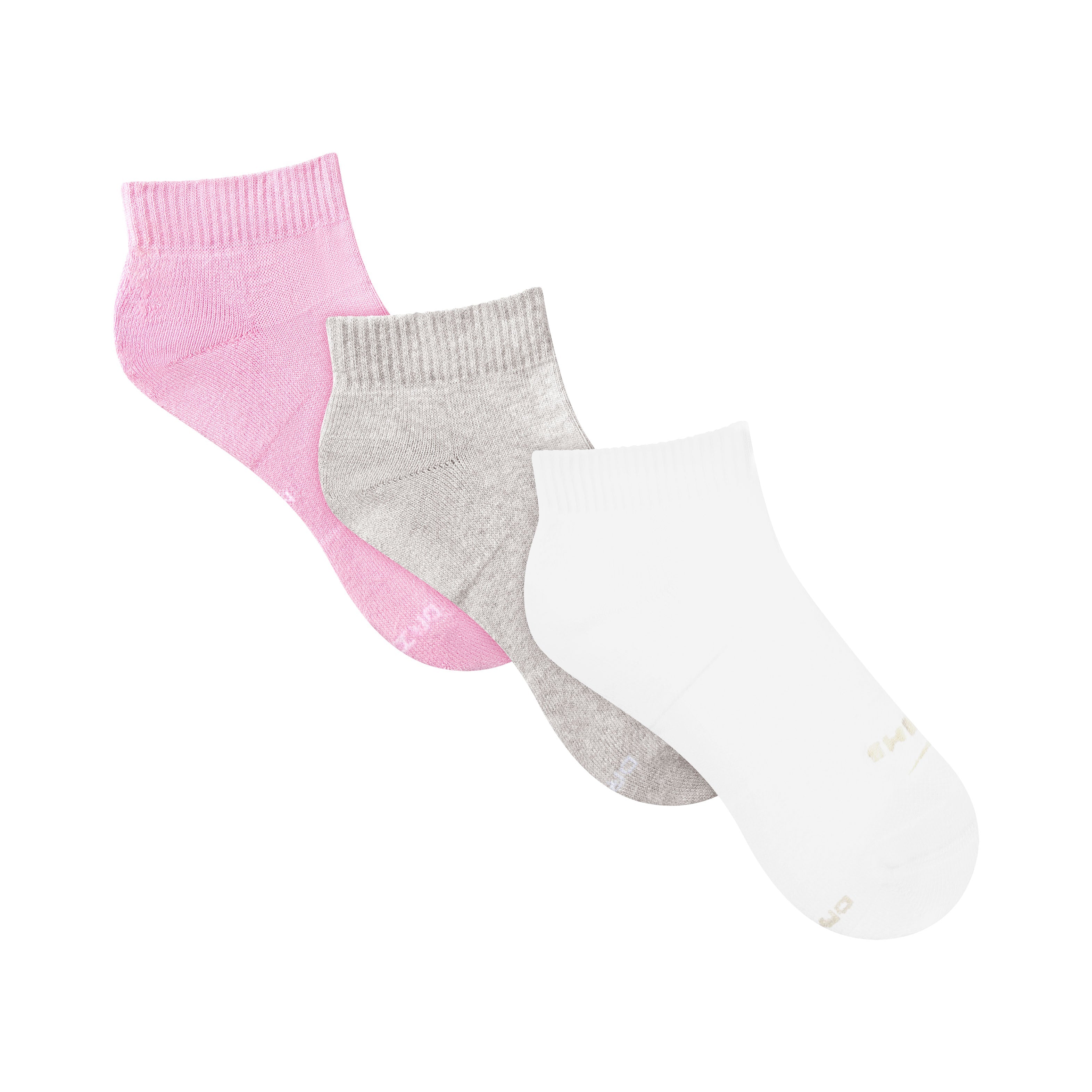 NikeSKIMS ACCESSORIES DRI-FIT ANKLE SOCK 3-PACK | BUBBLE GUM MULTI LAYS FLAT ON A WHITE BACKGROUND