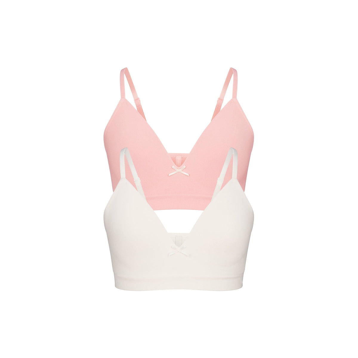 COTTON SEAMLESS GIRLS BRA 2-PACK | MARBLE AND BALLET FLAT ON A WHITE BACKGROUND @ | FLT