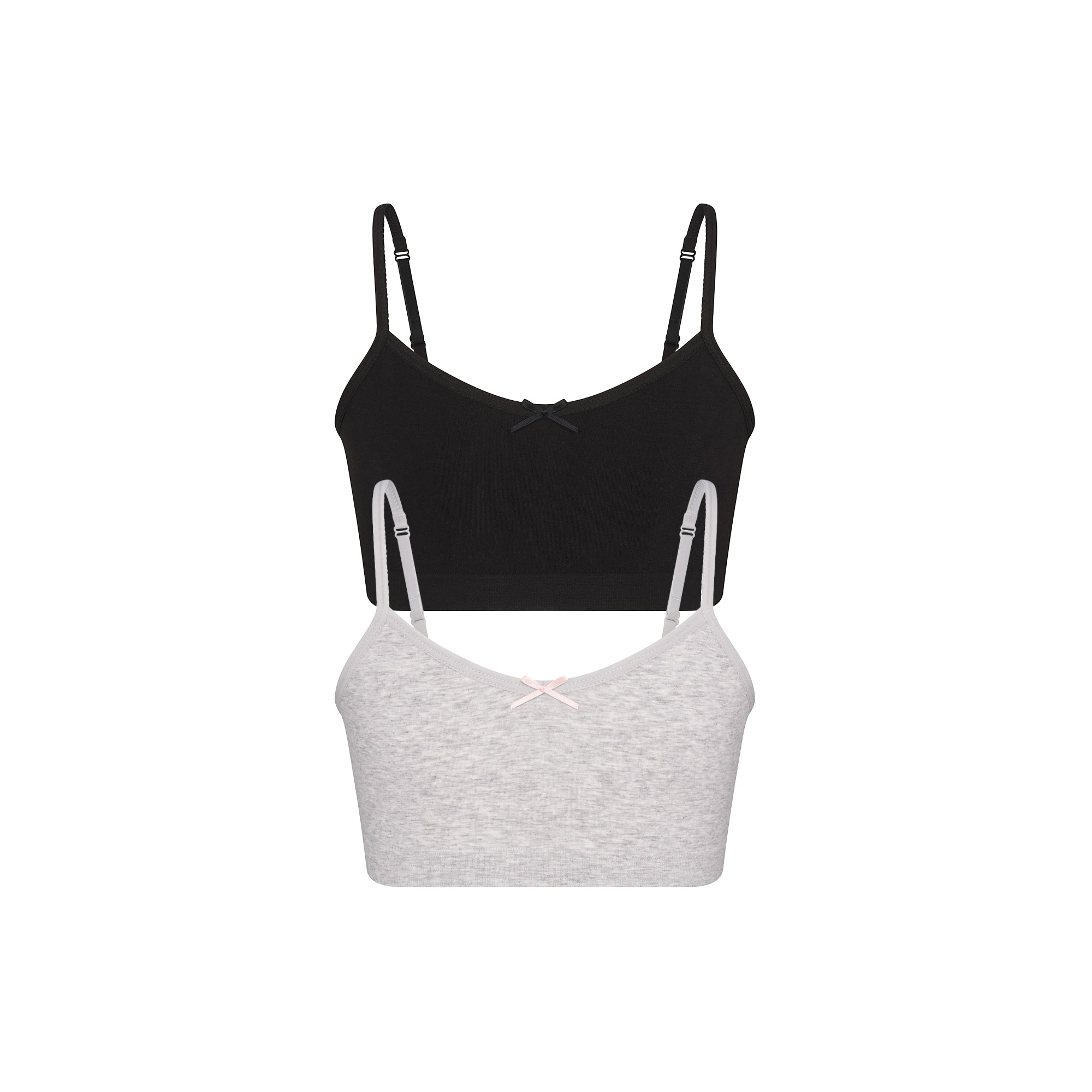 COTTON SEAMLESS GIRLS BRALETTE 2-PACK | LIGHT HEATHER GREY AND SOOT FLAT ON A WHITE BACKGROUND @ | FLT