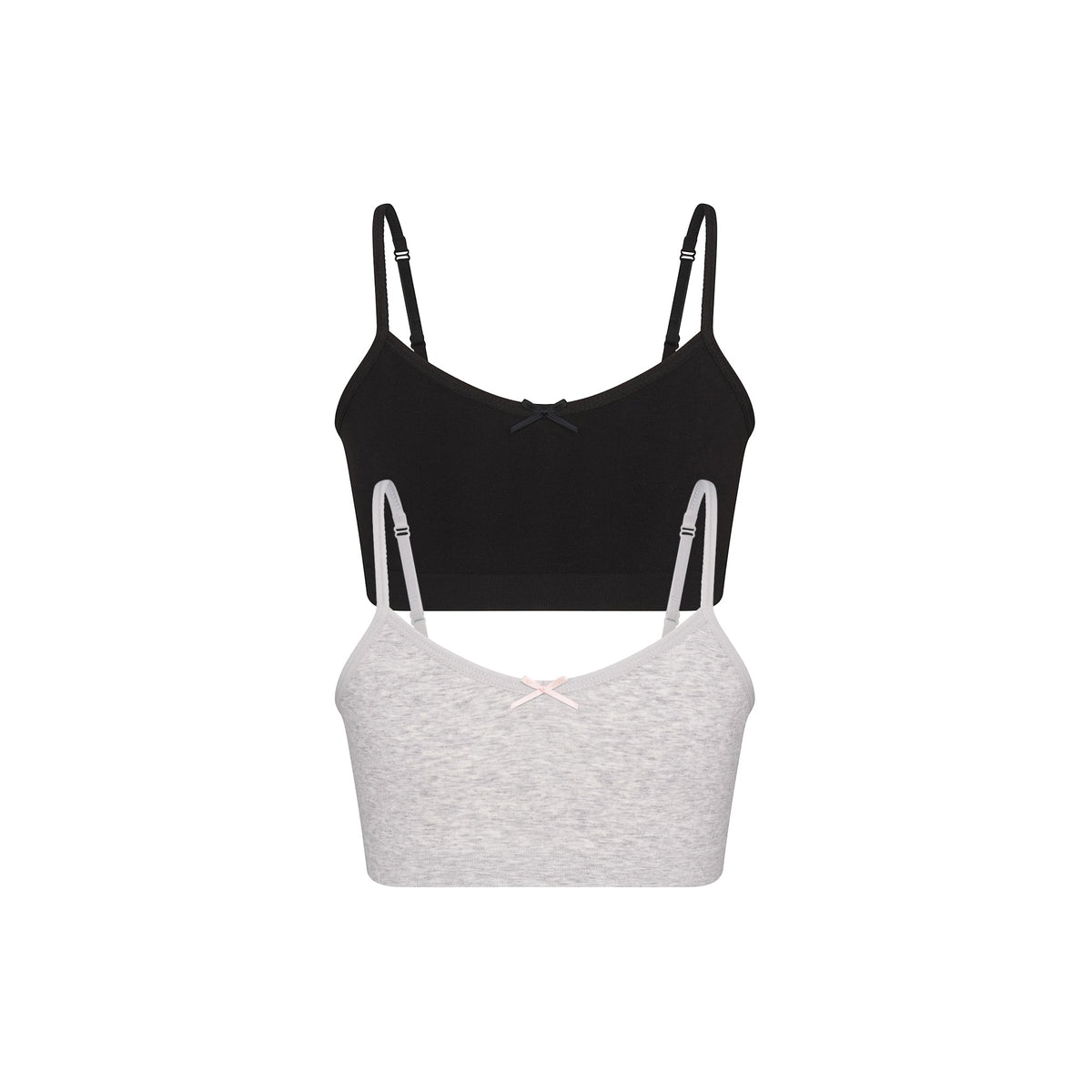 COTTON SEAMLESS GIRLS BRALETTE 2-PACK | LIGHT HEATHER GREY AND SOOT FLAT ON A WHITE BACKGROUND @ | FLT