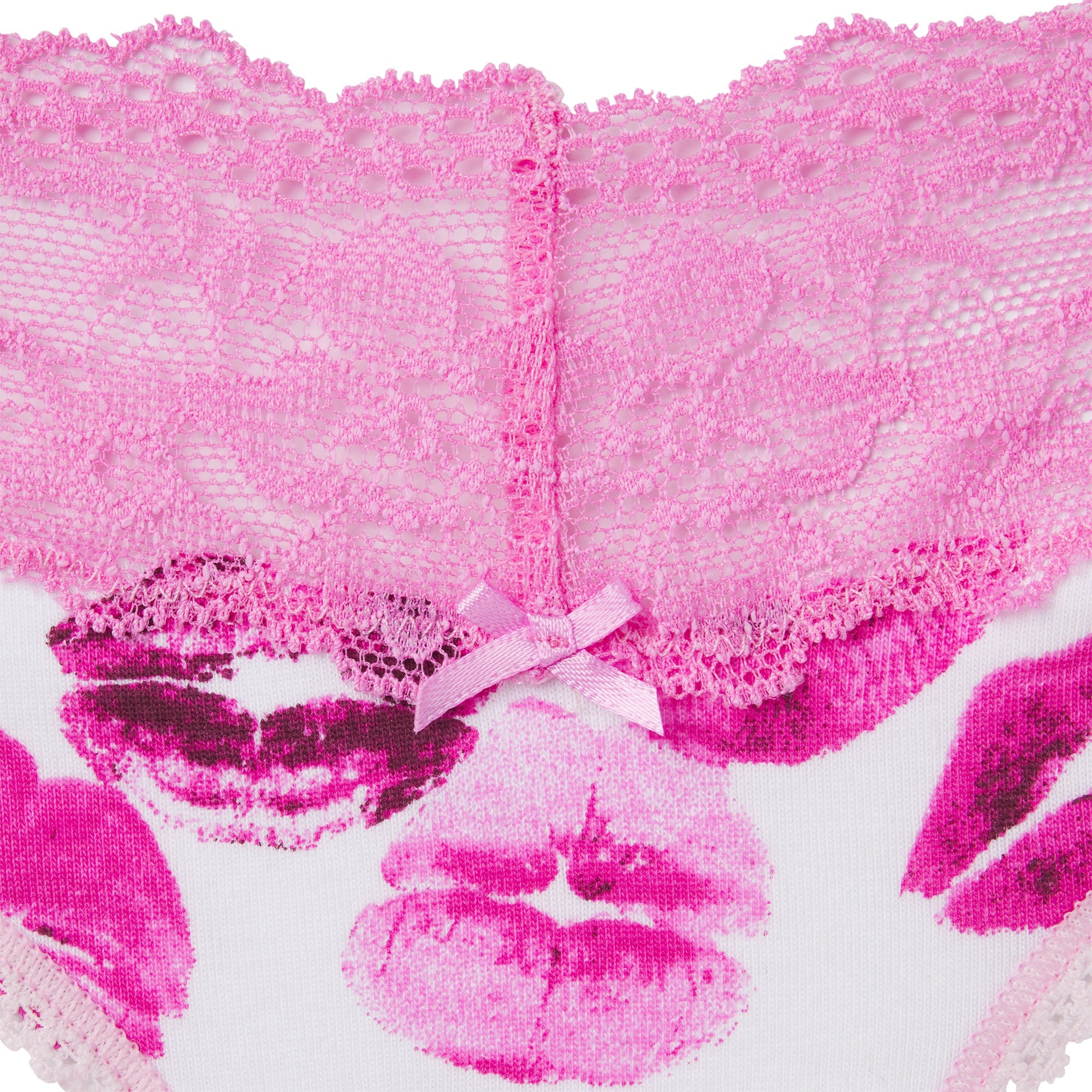 LIGHTWEIGHT COTTON WIDE LACE BRIEF | PINK ALLOVER LIPSTICK FLAT ON A WHITE BACKGROUND