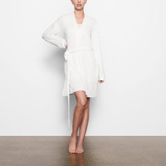 WORN BY A MODEL IN FRONT VIEW SOFT LOUNGE ROBE