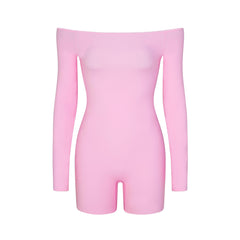FITS EVERYBODY PICOT TRIM OFF THE SHOULDER ONESIE | BUBBLE GUM (ONESIES, BODYSUITS) LAYS FLAT ON A WHITE BACKGROUND | FLT
